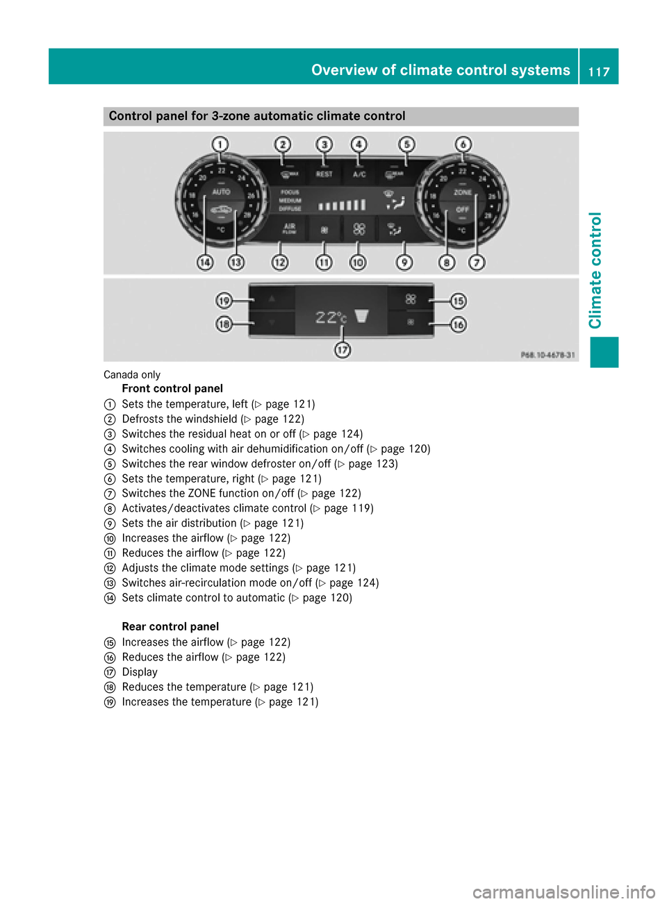 MERCEDES-BENZ CLS-Class 2016 W218 Owners Manual Control panel for 3-zone automatic climate control
Canadaonly
Front control panel
:Sets the temperature, left (Ypage 121)
;Defrosts the windshield (Ypage 122)
=Switches the residual heat on or off (Yp MERCEDES-BENZ CLS-Class 2016 W218 Owners Manual Control panel for 3-zone automatic climate control
Canadaonly
Front control panel
:Sets the temperature, left (Ypage 121)
;Defrosts the windshield (Ypage 122)
=Switches the residual heat on or off (Yp