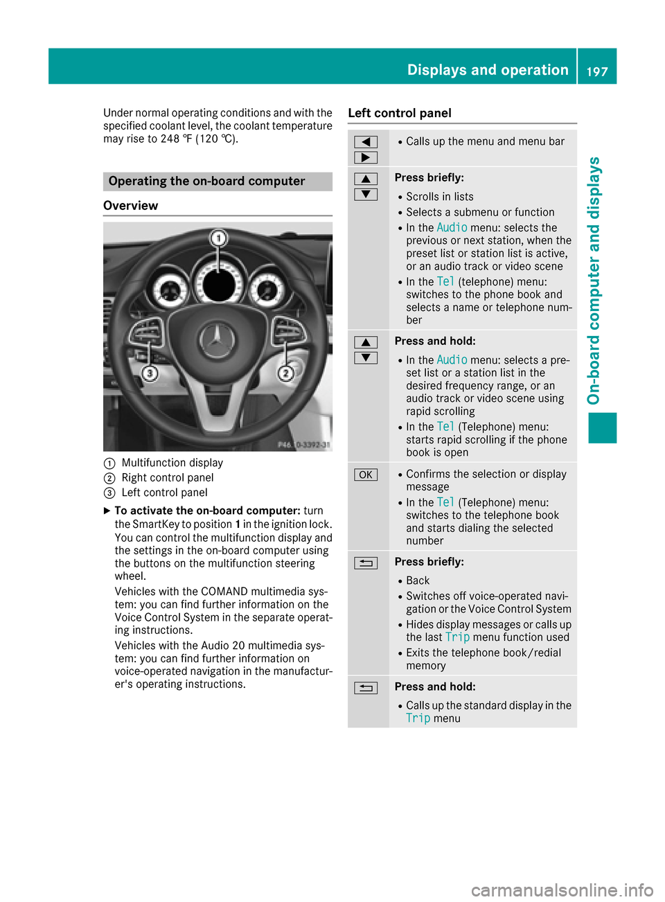 MERCEDES-BENZ CLS-Class 2016 W218 Owners Manual Under normal operating conditions and with the
specified coolant level, the coolant temperature
may rise to 248 ‡ (120 †).
Operating the on-board computer
Overview
:Multifunction display
;Right co MERCEDES-BENZ CLS-Class 2016 W218 Owners Manual Under normal operating conditions and with the
specified coolant level, the coolant temperature
may rise to 248 ‡ (120 †).
Operating the on-board computer
Overview
:Multifunction display
;Right co