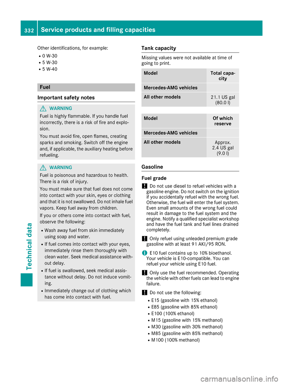 MERCEDES-BENZ CLS-Class 2016 W218 Owners Manual Other identifications, for example:
R0 W-30
R5 W-30
R5 W-40
Fuel
Important safety notes
GWARNING
Fuel is highly flammable. If you handle fuel
incorrectly, there is a risk of fire and explo-
sion.
You 