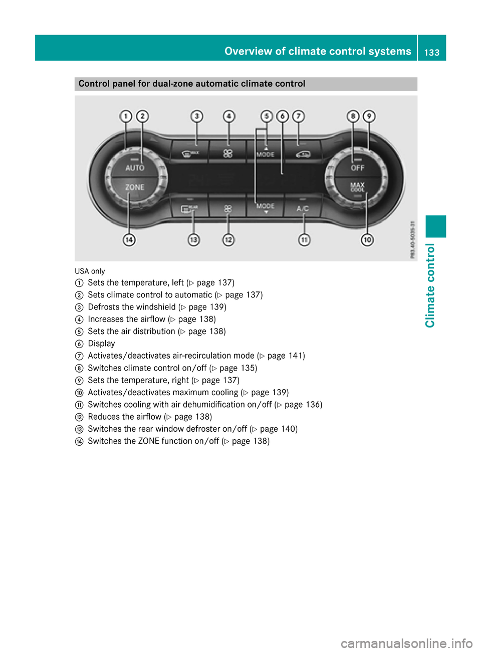MERCEDES-BENZ CLA-Class 2016 C117 Owners Manual Control panel for dual-zone automatic climate control
USAonly
:
Sets the temperature, left (Ypage 137)
;Sets climate control to automatic (Ypage 137)
=Defrosts the windshield (Ypage 139)
?Increases th MERCEDES-BENZ CLA-Class 2016 C117 Owners Manual Control panel for dual-zone automatic climate control
USAonly
:
Sets the temperature, left (Ypage 137)
;Sets climate control to automatic (Ypage 137)
=Defrosts the windshield (Ypage 139)
?Increases th