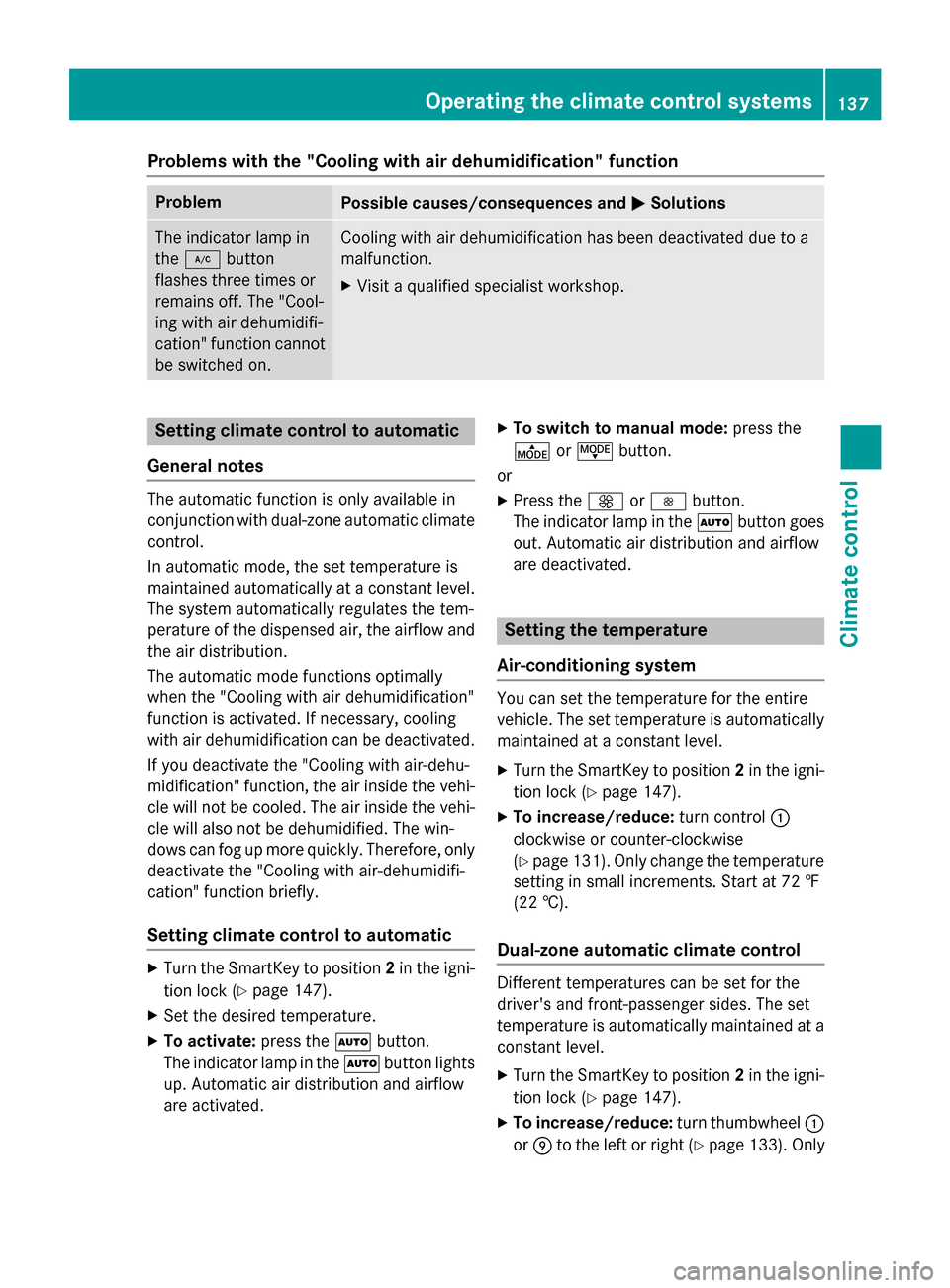 MERCEDES-BENZ CLA-Class 2016 C117 Owners Manual Problems with the "Cooling with air dehumidification" function
ProblemPossible causes/consequences andMSolutions
The indicator lamp in
the¿ button
flashes three times or
remains off. The "Cool-
ing w