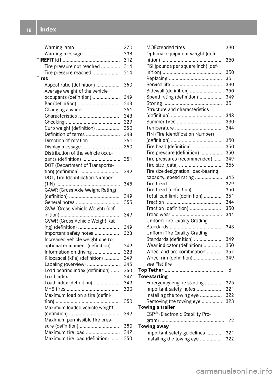 MERCEDES-BENZ CLA-Class 2016 C117 Owners Manual Warning lamp ................................. 270
Warning message .......................... 338
TIREFIT kit .......................................... 312
Tire pressure not reached .............. 31