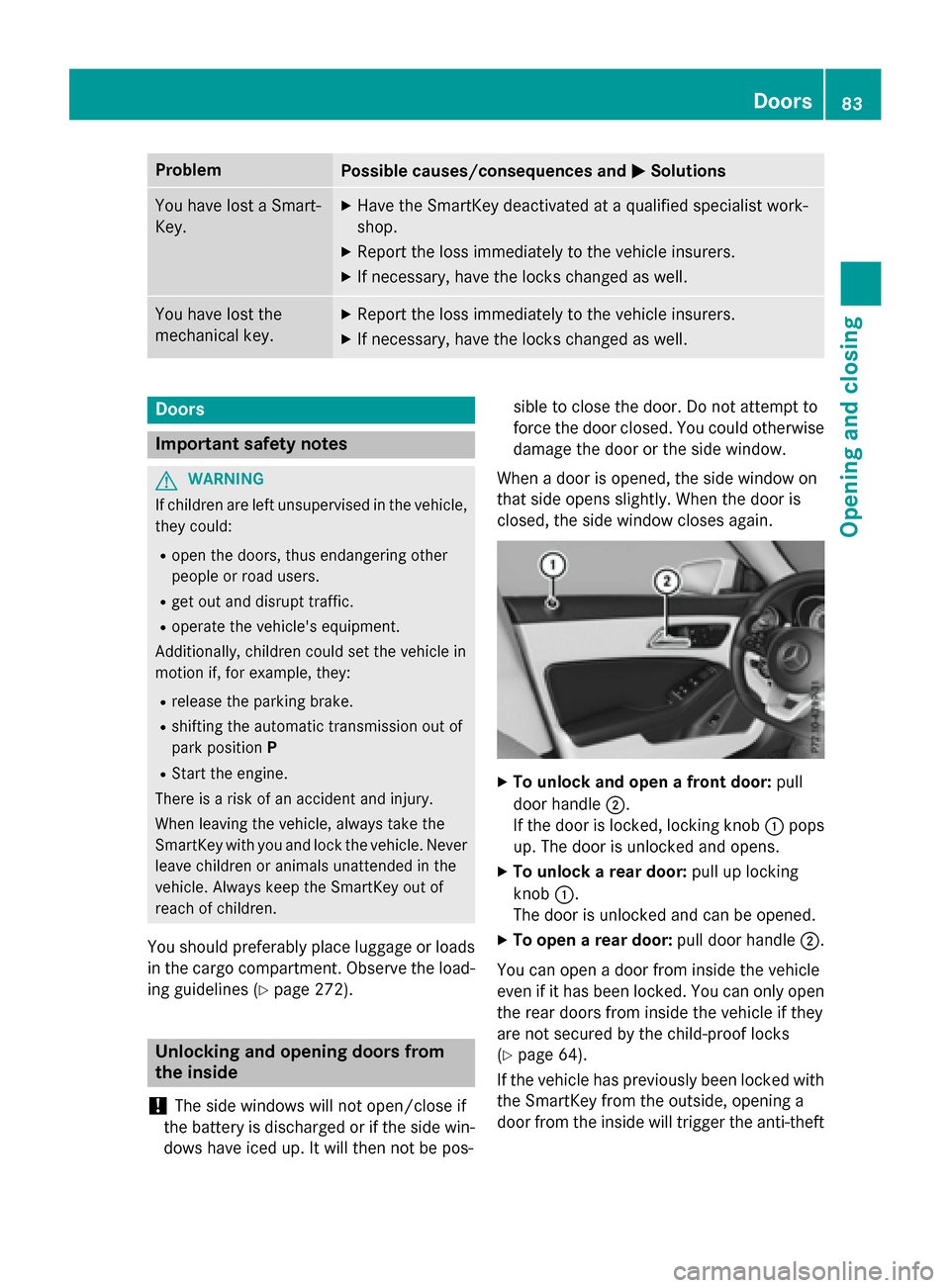 MERCEDES-BENZ CLA-Class 2016 C117 Manual Online ProblemPossible causes/consequences andMSolutions
You have lost a Smart-
Key.XHave the SmartKey deactivated at a qualified specialist work-
shop.
XReport the loss immediately to the vehicle insurers.
MERCEDES-BENZ CLA-Class 2016 C117 Manual Online ProblemPossible causes/consequences andMSolutions
You have lost a Smart-
Key.XHave the SmartKey deactivated at a qualified specialist work-
shop.
XReport the loss immediately to the vehicle insurers.