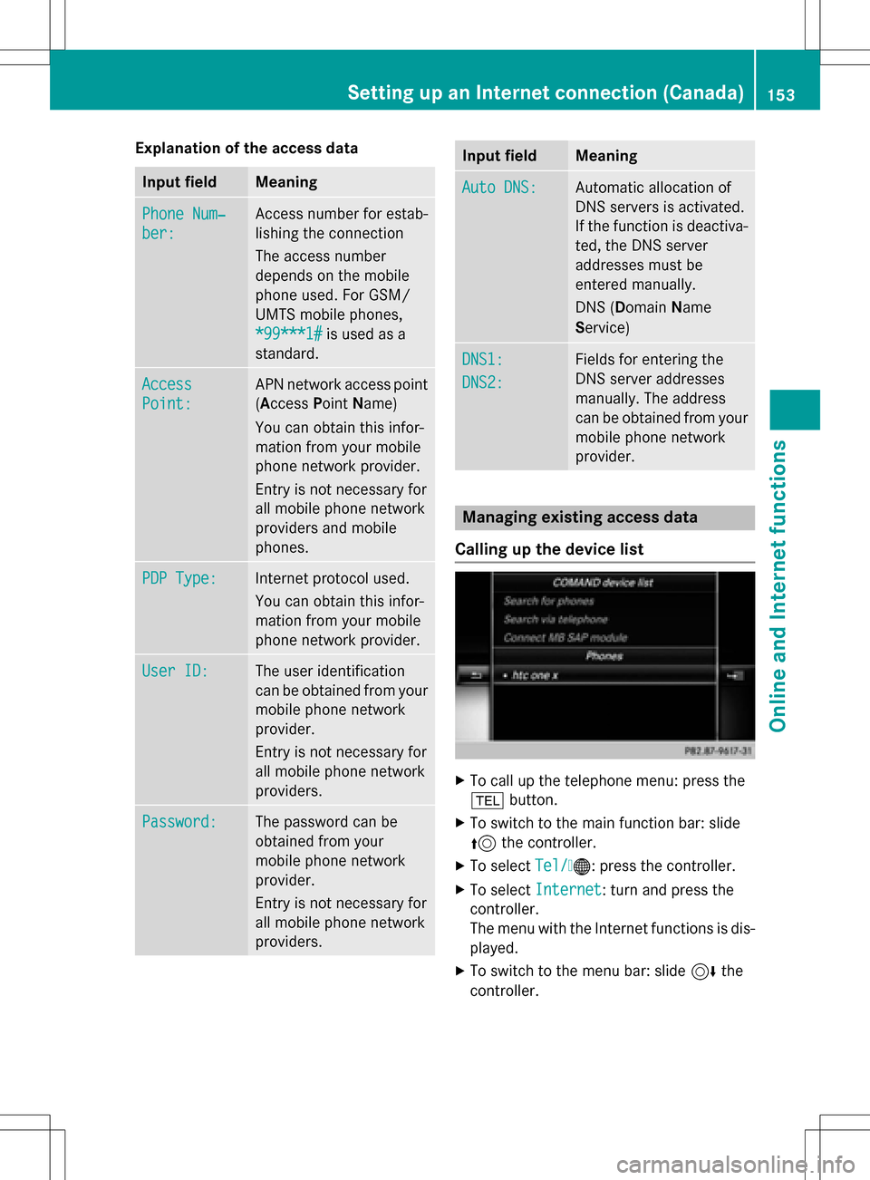 MERCEDES-BENZ CLA-Class 2016 C117 Comand Manual Explanation of the access data
Input fieldMeaning
Phone Num‐
ber:
Access number for estab-
lishing the connection
The access number
depends on the mobile
phone used. For GSM/
UMTS mobile phones,
*99 MERCEDES-BENZ CLA-Class 2016 C117 Comand Manual Explanation of the access data
Input fieldMeaning
Phone Num‐
ber:
Access number for estab-
lishing the connection
The access number
depends on the mobile
phone used. For GSM/
UMTS mobile phones,
*99