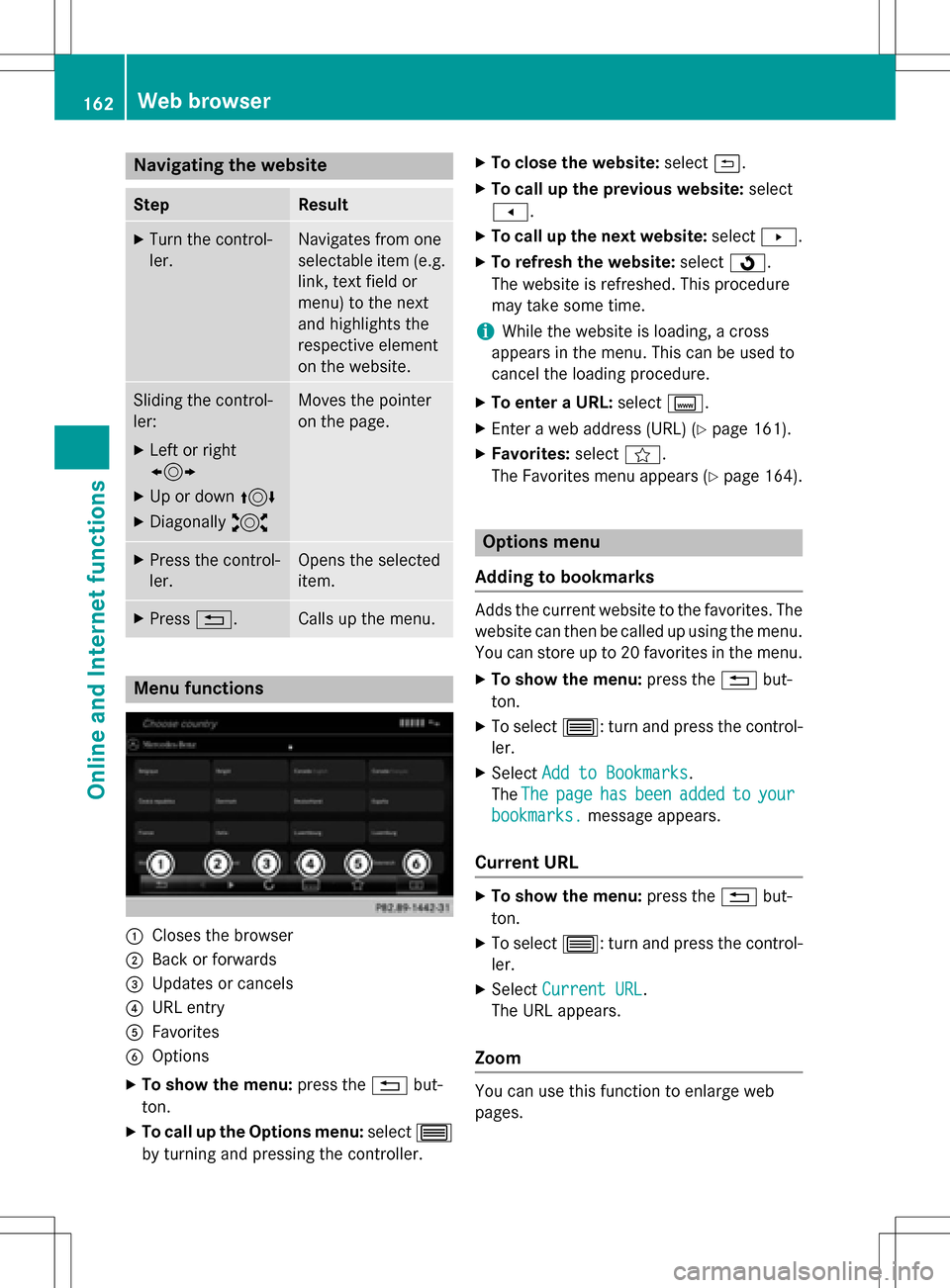 MERCEDES-BENZ CLA-Class 2016 C117 Comand Manual Navigating the website
StepResult
XTurn the control-
ler.Navigates from one
selectable item (e.g.
link, text field or
menu) to the next
and highlights the
respective element
on the website.
Sliding th MERCEDES-BENZ CLA-Class 2016 C117 Comand Manual Navigating the website
StepResult
XTurn the control-
ler.Navigates from one
selectable item (e.g.
link, text field or
menu) to the next
and highlights the
respective element
on the website.
Sliding th