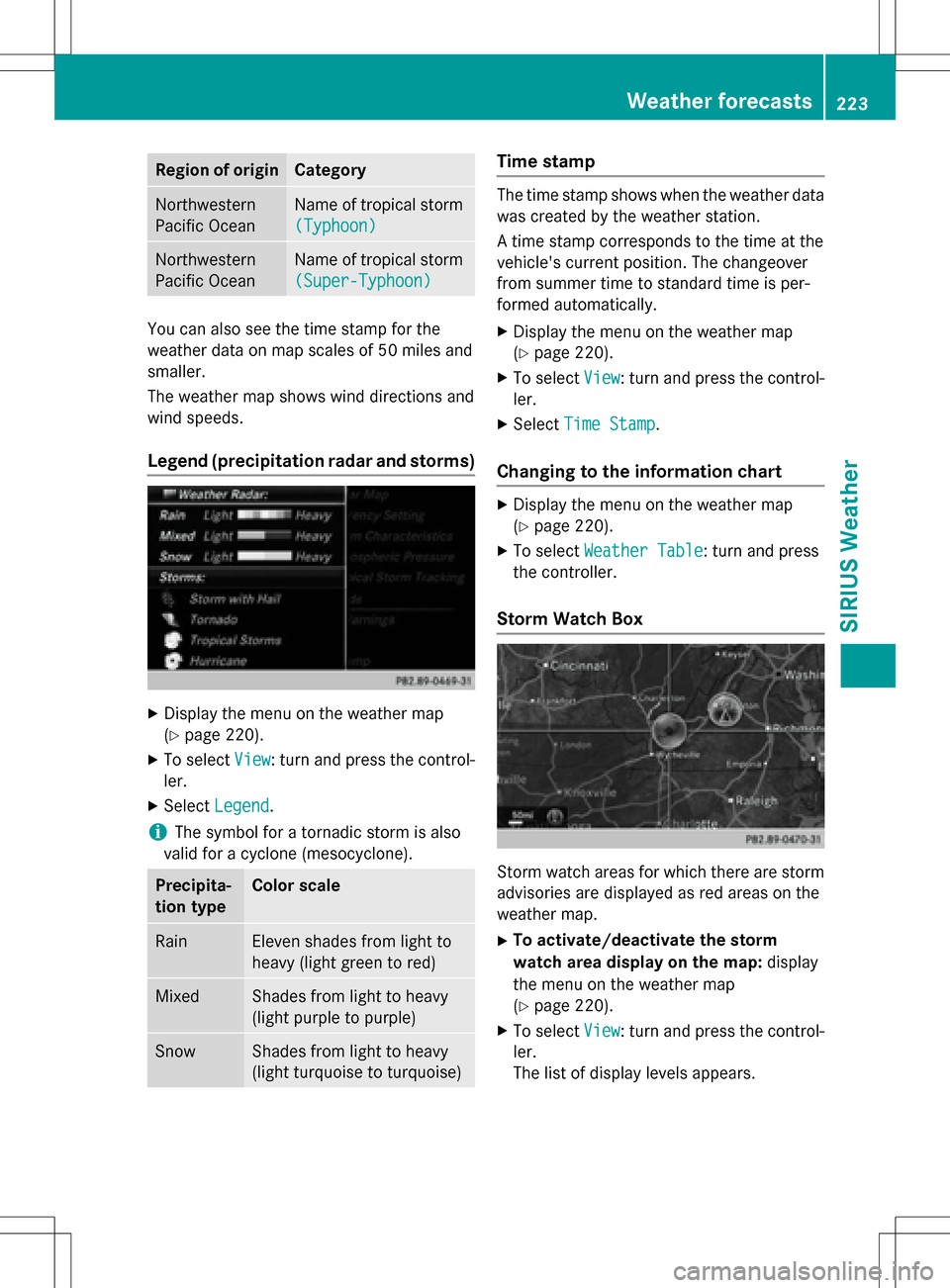 MERCEDES-BENZ B-Class 2016 W246 Comand Manual Region of originCategory
Northwestern
Pacific OceanName of tropical storm
(Typhoon)
Northwestern
Pacific OceanName of tropical storm
(Super-Typhoon)
You can also see the time stamp for the
weather dat