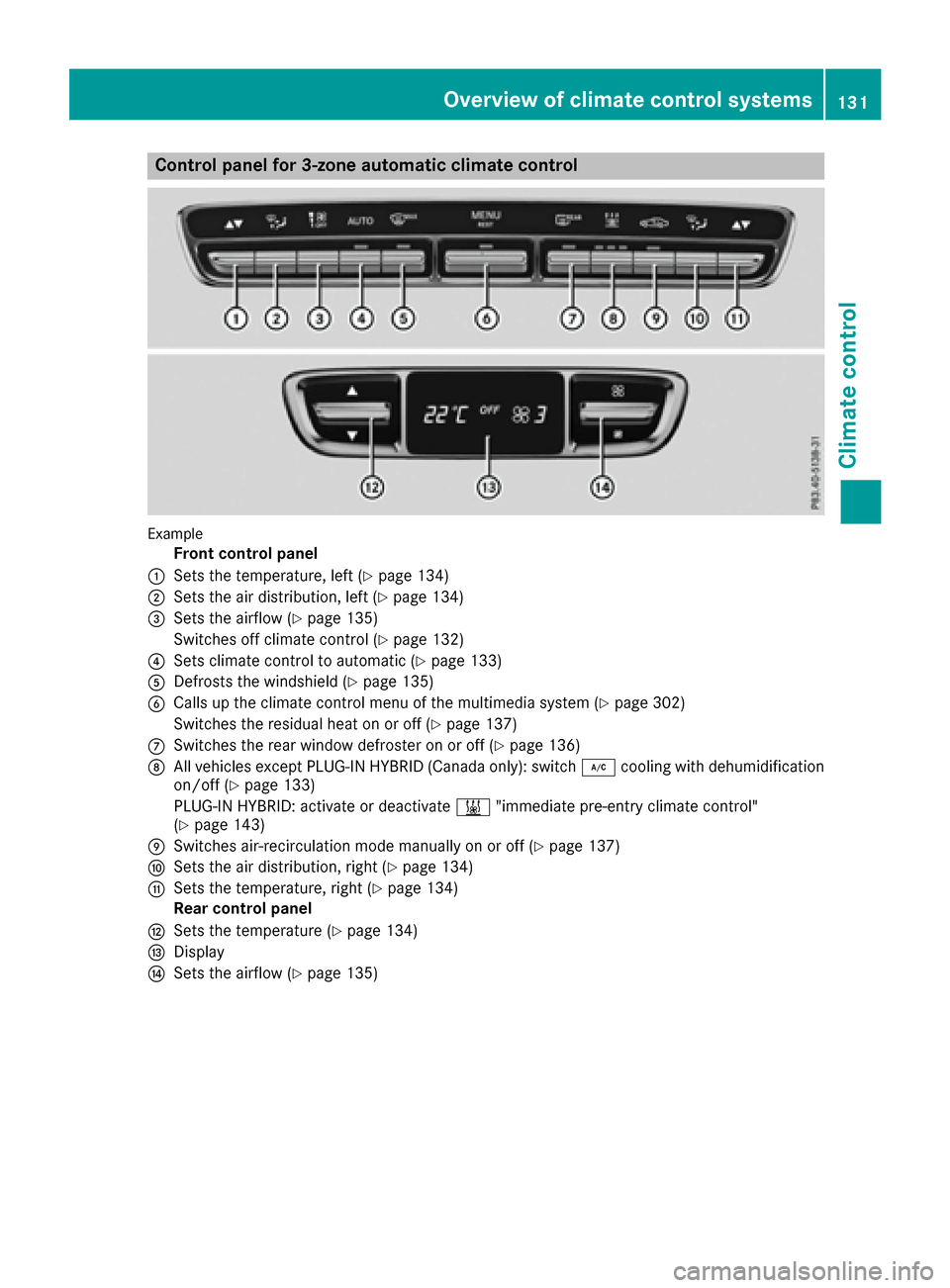 MERCEDES-BENZ C-Class SEDAN 2016 W205 Owners Manual Control panel for 3-zone automatic climate control
Example
Front control panel
:Sets the temperature, left (Ypage 134)
;Sets the air distribution, left (Ypage 134)
=Sets the airflow (Ypage 135)
Switch