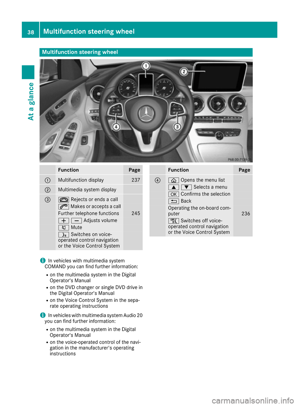 MERCEDES-BENZ C-Class SEDAN 2016 W205 Owners Manual Multifunction steering wheel
FunctionPage
:Multifunction display237
;Multimedia system display
=~Rejects or ends a call
6Makes or accepts a call
Further telephone functions245
WXAdjusts volume
8 Mute
