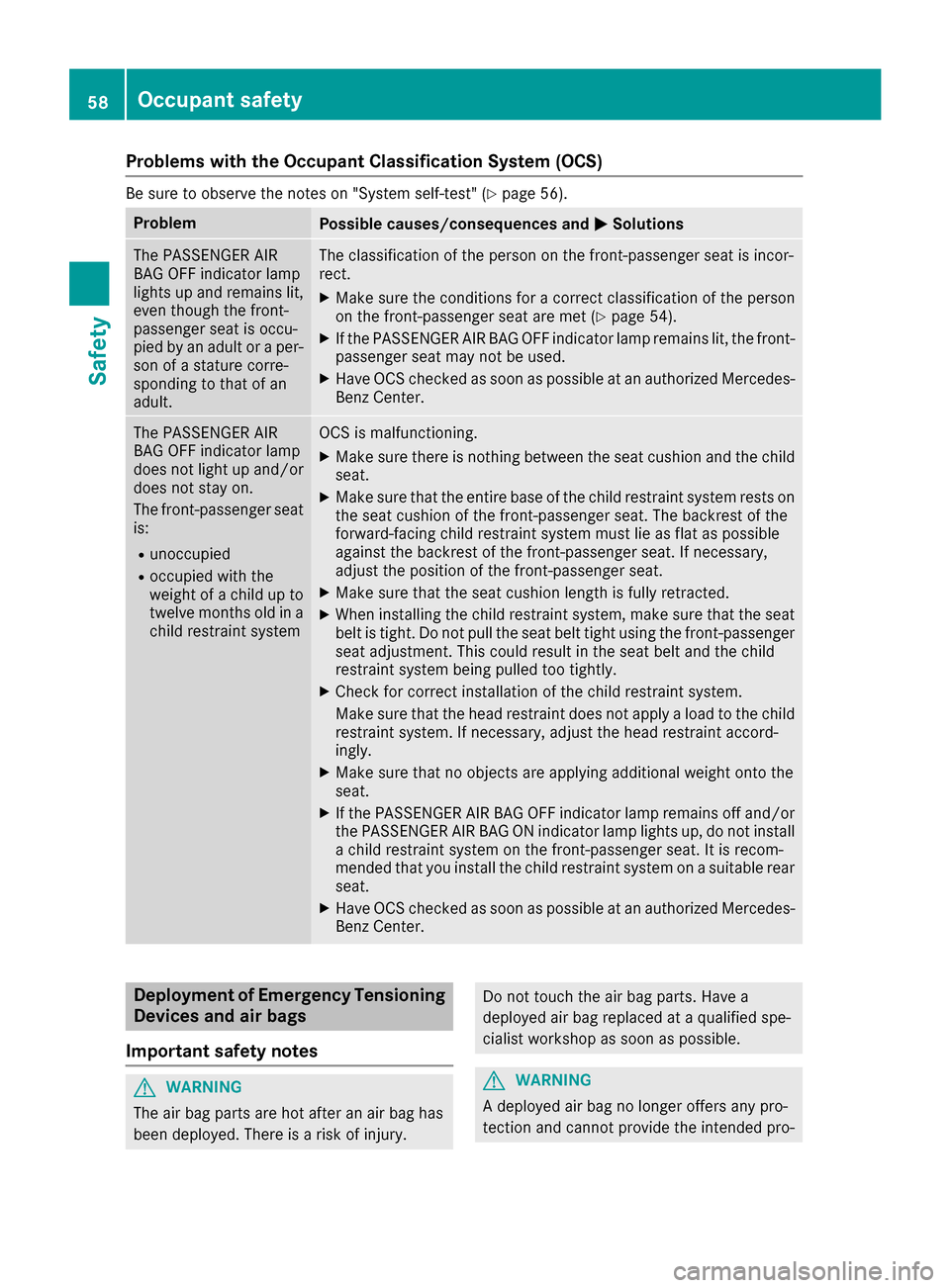 MERCEDES-BENZ C-Class SEDAN 2016 W205 Owners Manual Problems with the Occupant Classification System (OCS)
Be sure to observe the notes on "System self-test" (Ypage 56).
ProblemPossible causes/consequences andMSolutions
The PASSENGER AIR
BAG OFF indica