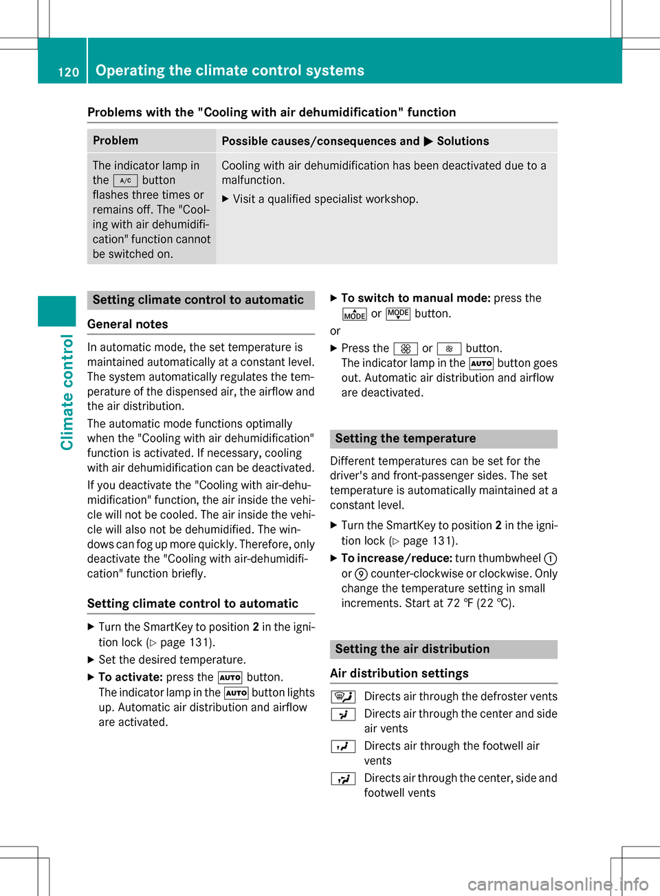 MERCEDES-BENZ B-Class ELECTRIC 2016 W246 Owners Manual Problems with the "Cooling with air dehumidification" function
ProblemPossible causes/consequences andMSolutions
The indicator lamp in
the¿ button
flashes three times or
remains off. The "Cool-
ing w MERCEDES-BENZ B-Class ELECTRIC 2016 W246 Owners Manual Problems with the "Cooling with air dehumidification" function
ProblemPossible causes/consequences andMSolutions
The indicator lamp in
the¿ button
flashes three times or
remains off. The "Cool-
ing w
