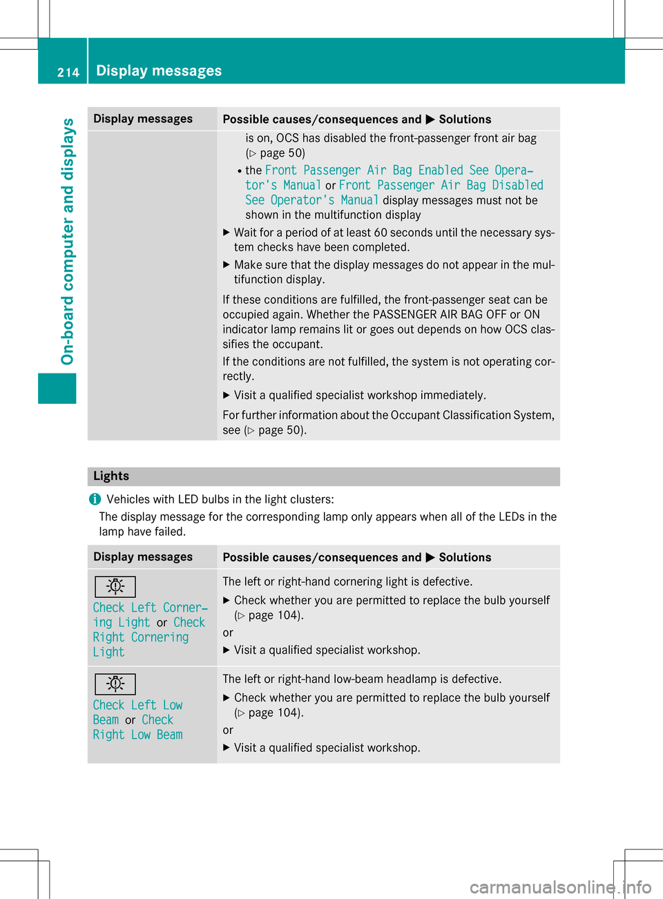 MERCEDES-BENZ B-Class ELECTRIC 2016 W246 User Guide Display messagesPossible causes/consequences andMSolutions
is on, OCS has disabled the front-passenger front air bag
(
Ypage 50)
RtheFront Passenger Air Bag Enabled See Opera‐
tors Manualor Front P