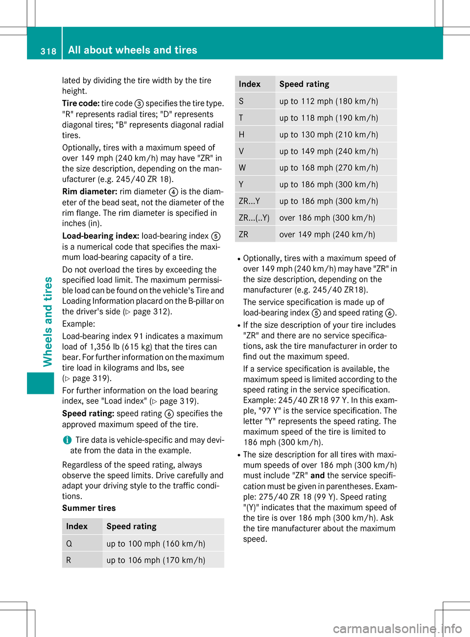 MERCEDES-BENZ B-Class ELECTRIC 2016 W246 Owners Manual lated by dividing the tire width by the tire
height.
Tire code:tire code=specifies the tire type.
"R" represents radial tires; "D" represents
diagonal tires; "B" represents diagonal radial
tires.
Opti MERCEDES-BENZ B-Class ELECTRIC 2016 W246 Owners Manual lated by dividing the tire width by the tire
height.
Tire code:tire code=specifies the tire type.
"R" represents radial tires; "D" represents
diagonal tires; "B" represents diagonal radial
tires.
Opti