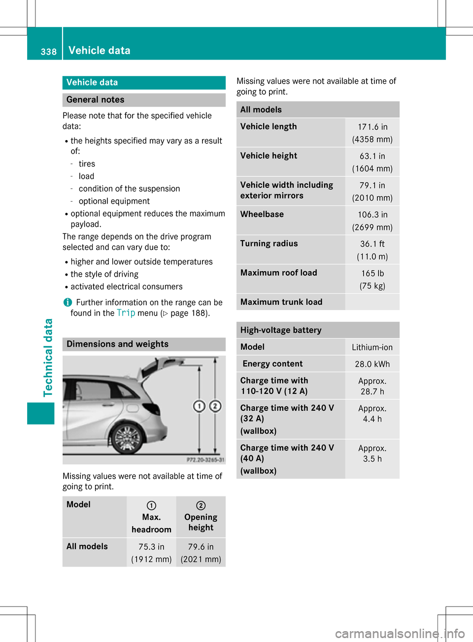 MERCEDES-BENZ B-Class ELECTRIC 2016 W246 Owners Manual Vehicle data
General notes
Please note that for the specified vehicle
data:
Rthe heights specified may vary as a result
of:
-tires
-load
-condition of the suspension
-optional equipment
Roptional equi MERCEDES-BENZ B-Class ELECTRIC 2016 W246 Owners Manual Vehicle data
General notes
Please note that for the specified vehicle
data:
Rthe heights specified may vary as a result
of:
-tires
-load
-condition of the suspension
-optional equipment
Roptional equi