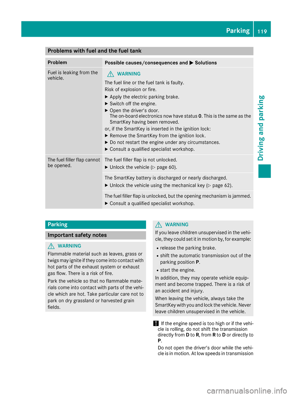 MERCEDES-BENZ AMG GT S 2016 C190 Owners Manual Problems with fuel and the fuel tank
ProblemPossible causes/consequences andMSolutions
Fuel is leaking from the
vehicle.GWARNING
The fuel line or the fuel tank is faulty.
Risk of explosion or fire.
XA MERCEDES-BENZ AMG GT S 2016 C190 Owners Manual Problems with fuel and the fuel tank
ProblemPossible causes/consequences andMSolutions
Fuel is leaking from the
vehicle.GWARNING
The fuel line or the fuel tank is faulty.
Risk of explosion or fire.
XA
