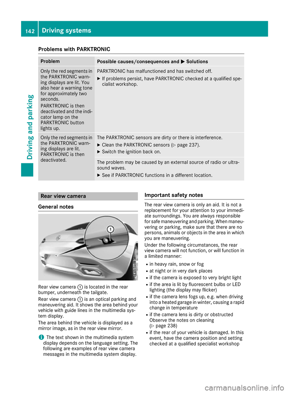 MERCEDES-BENZ AMG GT S 2016 C190 Owners Manual Problems with PARKTRONIC
ProblemPossible causes/consequences andMSolutions
Only the red segments in
the PARKTRONIC warn-
ing displays are lit. You
also hear a warning tone
for approximately two
second MERCEDES-BENZ AMG GT S 2016 C190 Owners Manual Problems with PARKTRONIC
ProblemPossible causes/consequences andMSolutions
Only the red segments in
the PARKTRONIC warn-
ing displays are lit. You
also hear a warning tone
for approximately two
second