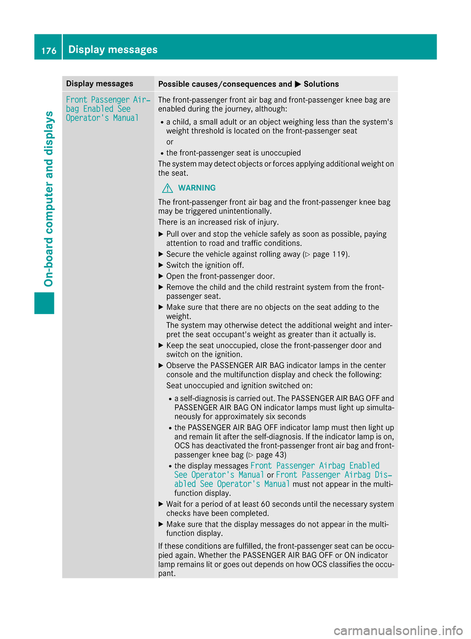 MERCEDES-BENZ AMG GT S 2016 C190 Owners Manual Display messagesPossible causes/consequences andMSolutions
FrontPassengerAir‐bag Enable dSeeOperator sManual
The front-passenger fron tair bag and front-passenger knee bag are
enabled during th ejo