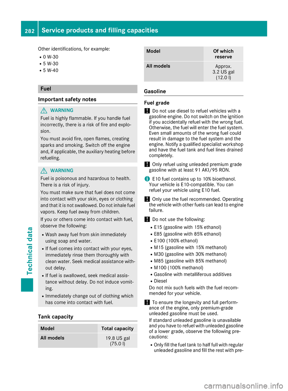 MERCEDES-BENZ AMG GT S 2016 C190 Owners Manual Other identifications, for example:
R0 W-30
R5 W-30
R5 W-40
Fuel
Important safety notes
GWARNING
Fuel is highly flammable. If you handle fuel
incorrectly, there is a risk of fire and explo-
sion.
You 