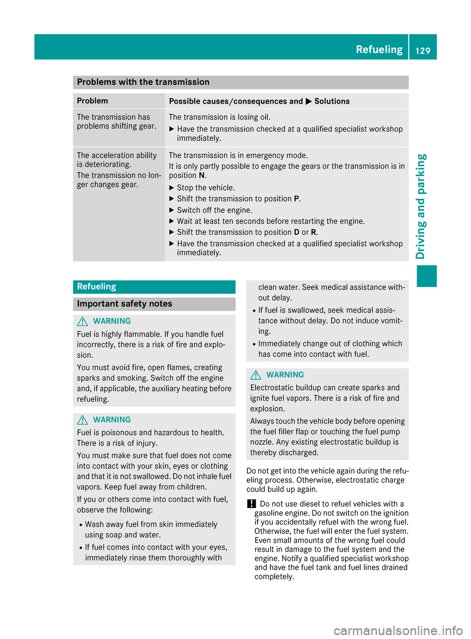 MERCEDES-BENZ SLC-Class 2017 R172 Owners Manual Problems with the transmission
ProblemPossible causes/consequences andMSolutions
The transmission has
problems shifting gear.The transmission is losing oil.
XHave the transmission checked ataqualified MERCEDES-BENZ SLC-Class 2017 R172 Owners Manual Problems with the transmission
ProblemPossible causes/consequences andMSolutions
The transmission has
problems shifting gear.The transmission is losing oil.
XHave the transmission checked ataqualified