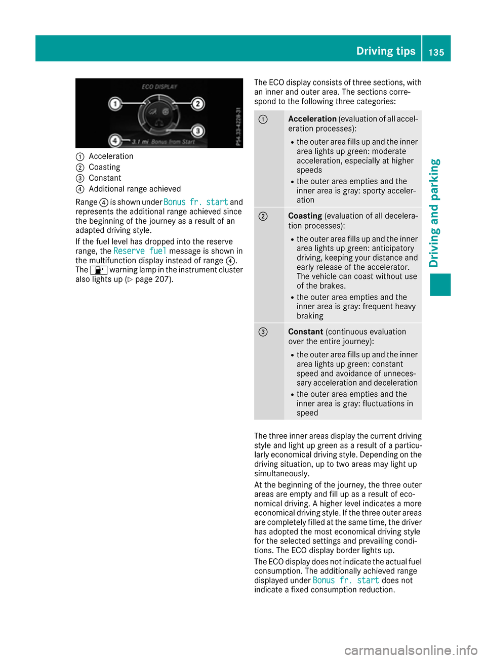 MERCEDES-BENZ SLC-Class 2017 R172 Owners Manual :Acceleration
;Coasting
=Constant
?Additionalrange achieved
Range ?is shown under Bonus
fr.startand
represents the additional range achieved since
the beginning of the journey as aresul tofa n
adapted MERCEDES-BENZ SLC-Class 2017 R172 Owners Manual :Acceleration
;Coasting
=Constant
?Additionalrange achieved
Range ?is shown under Bonus
fr.startand
represents the additional range achieved since
the beginning of the journey as aresul tofa n
adapted