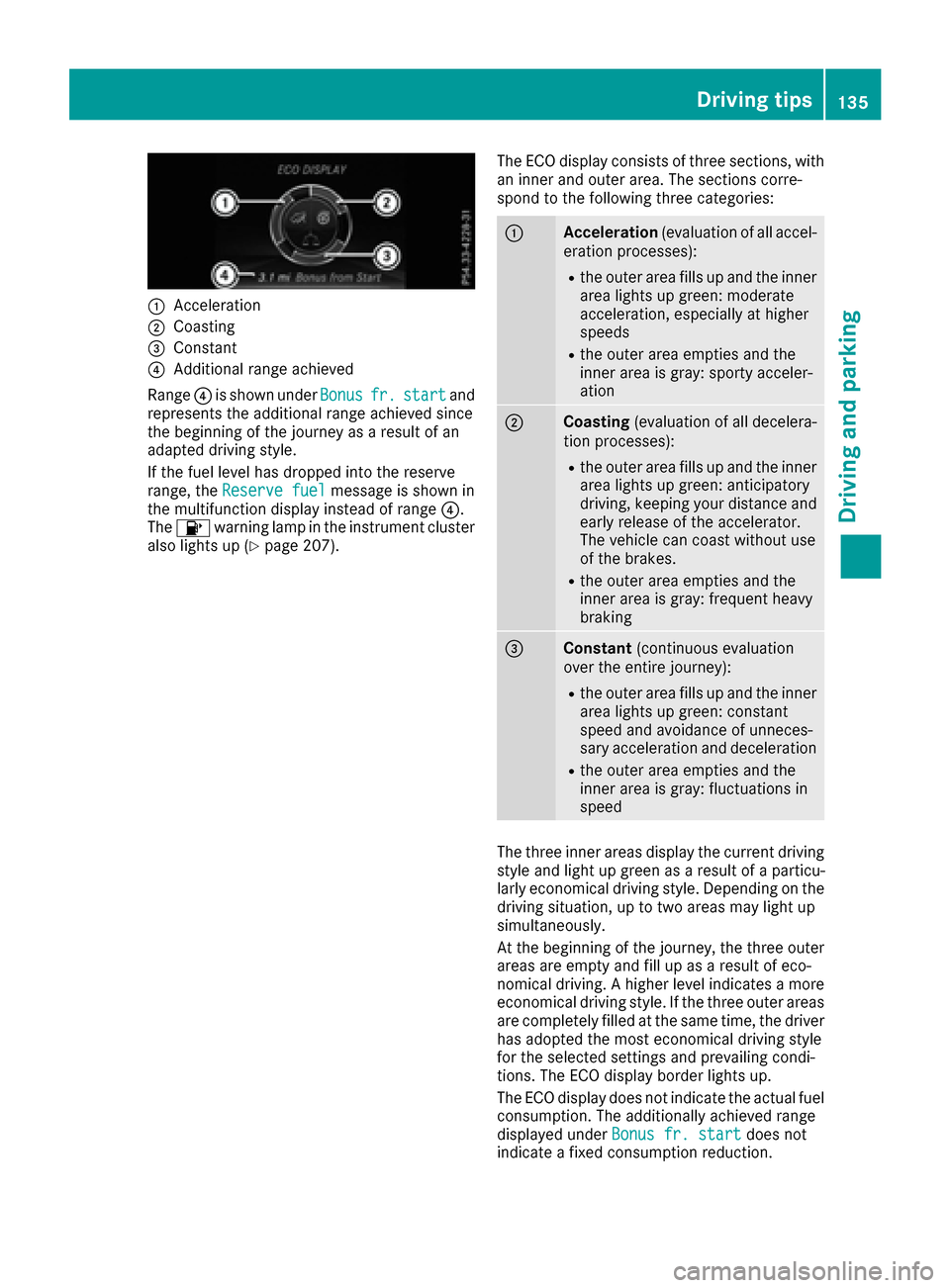 MERCEDES-BENZ SLC-Class 2017 R172 Service Manual :Acceleration
;Coasting
=Constant
?Additionalrange achieved
Range ?is shown under Bonus
fr.startand
represents the additional range achieved since
the beginning of the journey as aresul tofa n
adapted