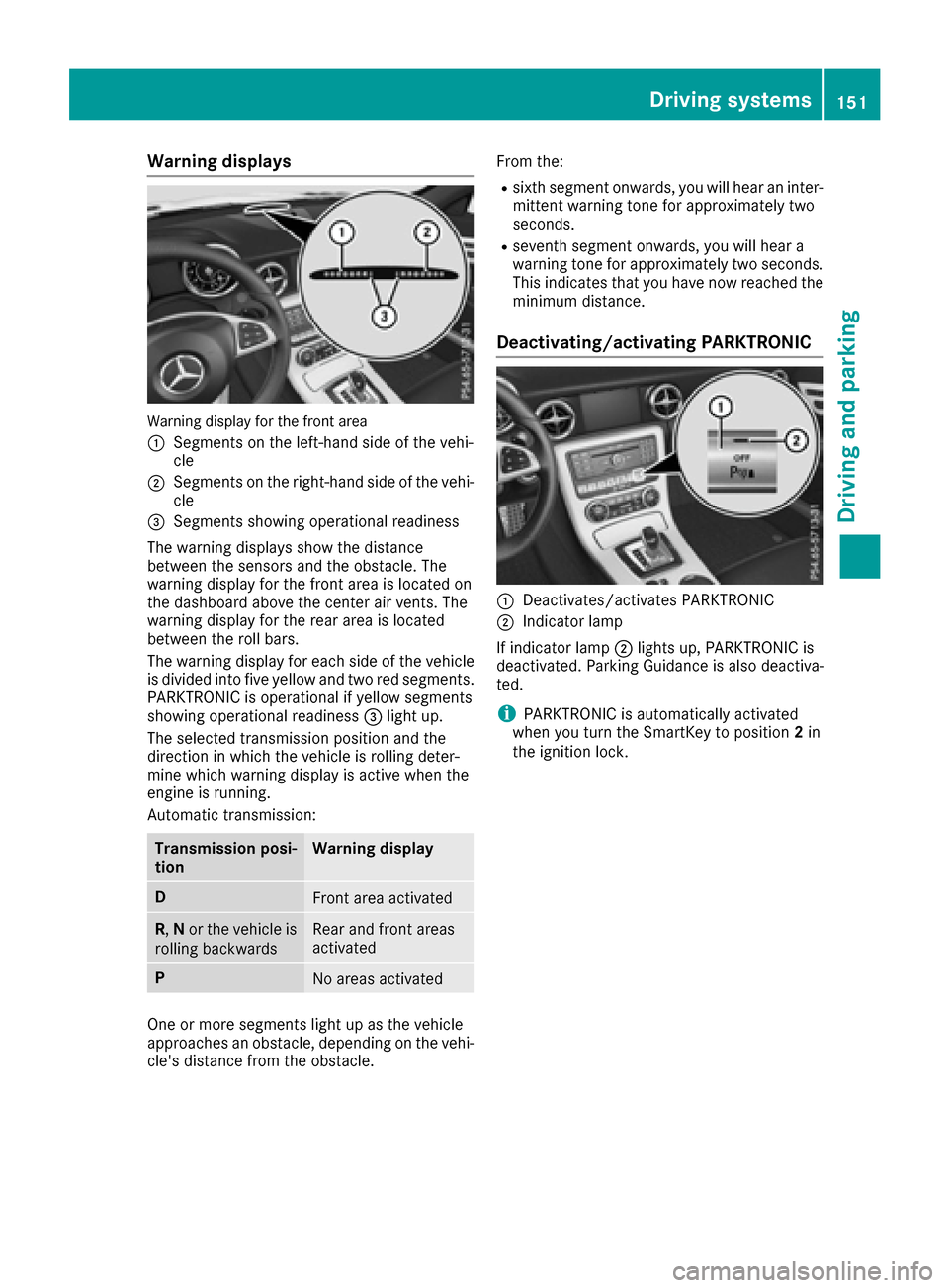 MERCEDES-BENZ SLC-Class 2017 R172 Owners Manual Warning displays
Warning display for the front area
:
Segments on the left-hand side of the vehi-
cle
;Segments on the right-hand side of the vehi-cle
=Segments showing operational readiness
The warni MERCEDES-BENZ SLC-Class 2017 R172 Owners Manual Warning displays
Warning display for the front area
:
Segments on the left-hand side of the vehi-
cle
;Segments on the right-hand side of the vehi-cle
=Segments showing operational readiness
The warni