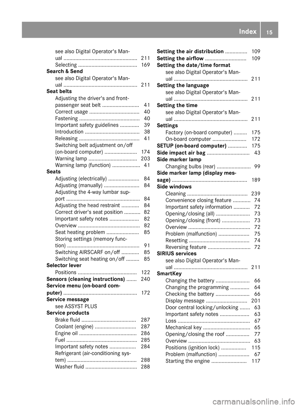 MERCEDES-BENZ SLC-Class 2017 R172 User Guide see also Digital Operators Man-
ual .................................................. 211
Selecting ........................................169
Search&S end
see also Digita lOperators Man-
ua l....