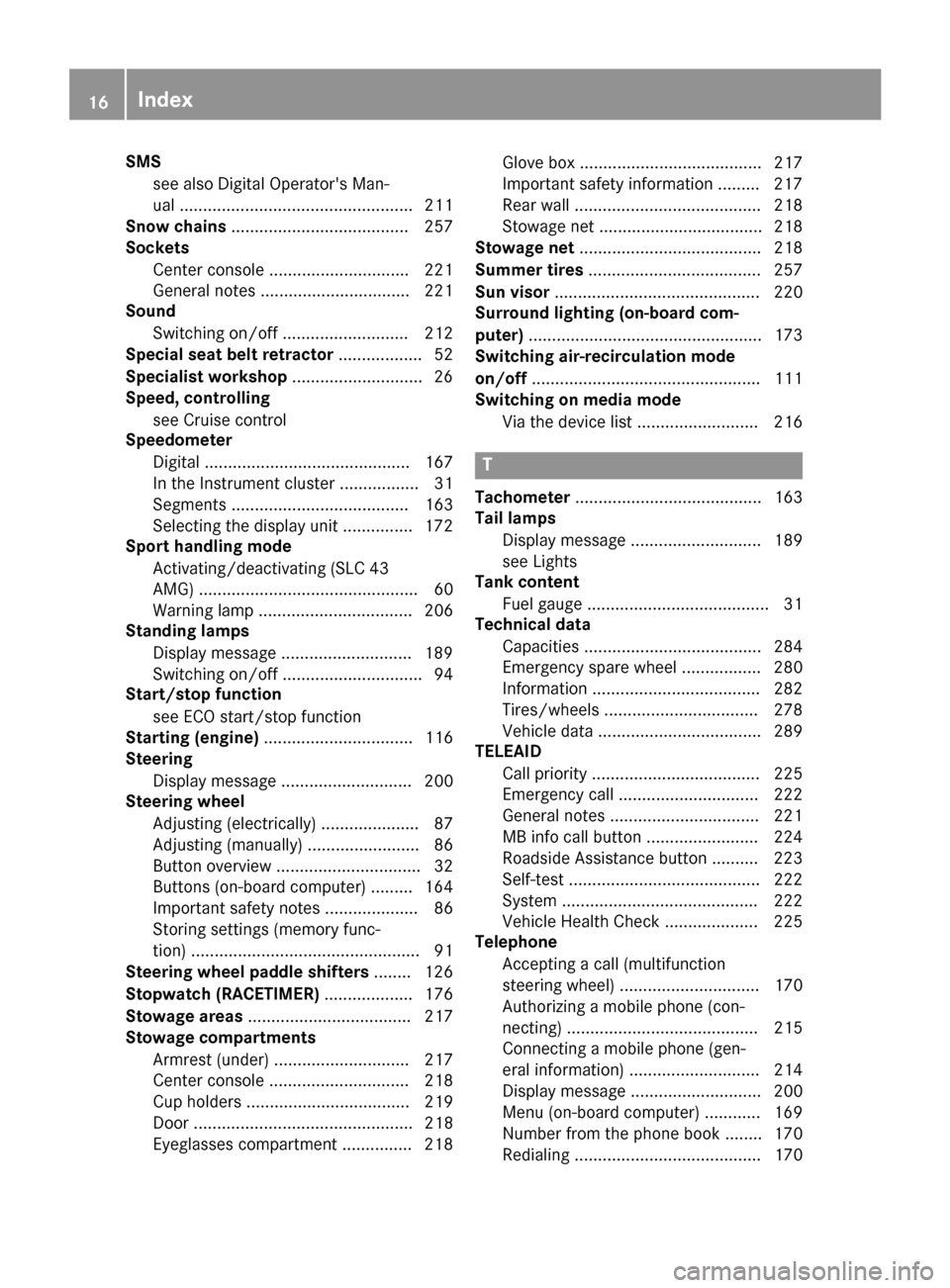 MERCEDES-BENZ SLC-Class 2017 R172 User Guide SMSsee also Digital Operators Man-
ual .................................................. 211
Snow chains ...................................... 257
Sockets
Center console ...........................