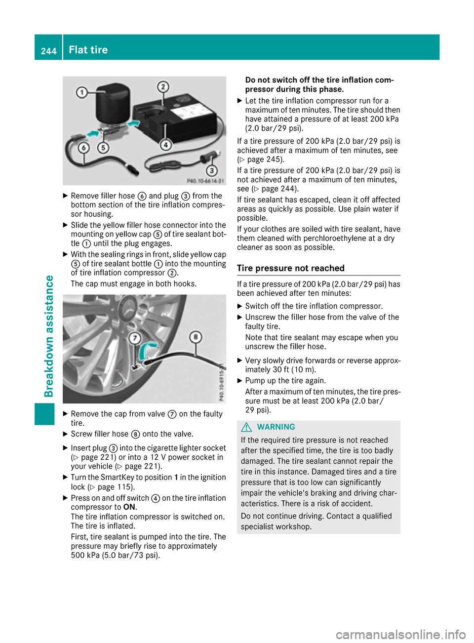 MERCEDES-BENZ SLC-Class 2017 R172 Owners Manual XRemove filler hoseB and plug =from th e
botto msection of th etirei nflation compres-
sor housing .
XSlide theyellow filler hos econnector intothe
mounting on yellow cap Aof tire sealan tbot-
tl e : 