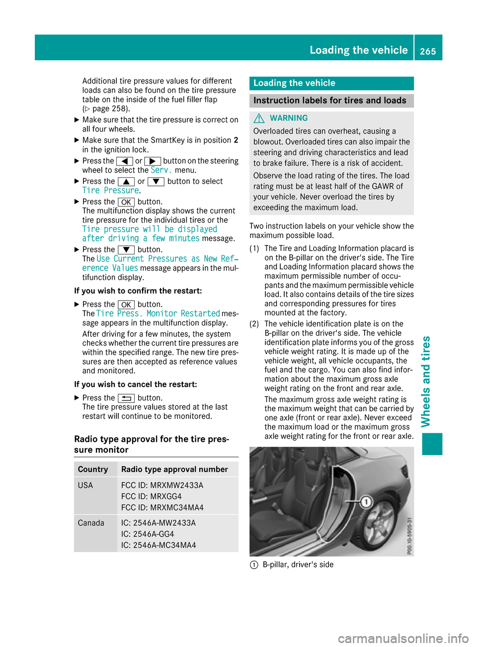 MERCEDES-BENZ SLC-Class 2017 R172 Owners Manual Additionaltire pressure values for different
load scan also be found on the tire pressure
table on the insid eofthe fuel fille rflap
(
Ypage 258).
XMake sure thatt he tire pressure is correct on
al lf MERCEDES-BENZ SLC-Class 2017 R172 Owners Manual Additionaltire pressure values for different
load scan also be found on the tire pressure
table on the insid eofthe fuel fille rflap
(
Ypage 258).
XMake sure thatt he tire pressure is correct on
al lf