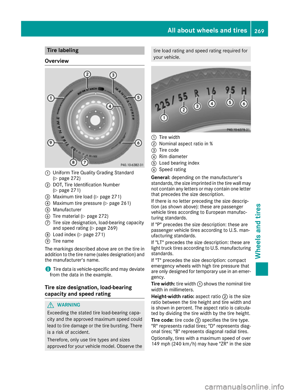 MERCEDES-BENZ SLC-Class 2017 R172 Owners Manual Tire labeling
Overview
:Unifor mTireQ ualit yGradin gStandard
(Ypage 272)
;DOT, Tire Identification Number
(Ypage 271)
=Maximum tire load (Ypage 271)
?Maximum tire pressure (Ypage 261)
AManufacturer
B