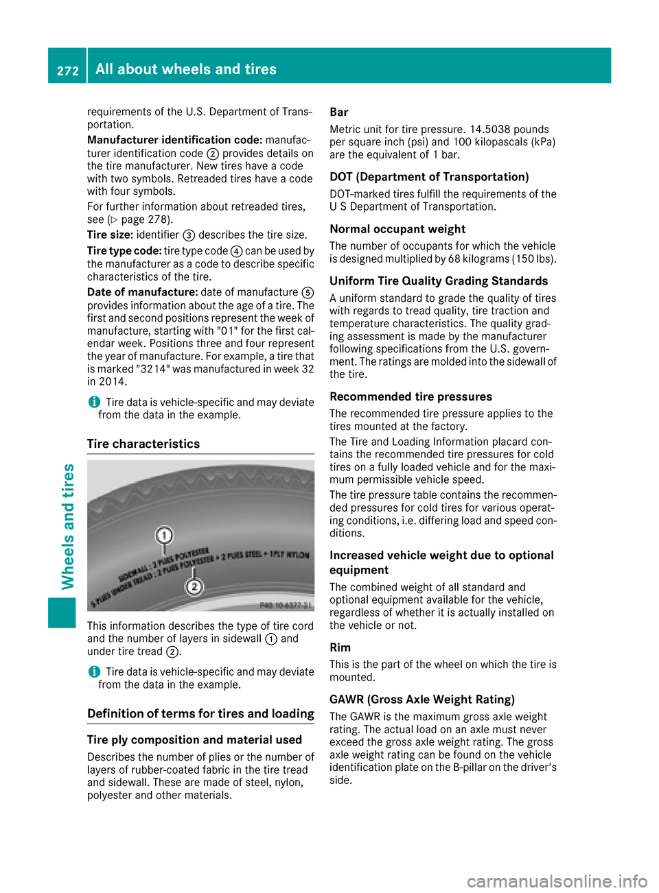 MERCEDES-BENZ SLC-Class 2017 R172 Owners Manual requirements of the U.S. Department of Trans-
portation.
Manufacturer identificationcode: manufac-
turer identification code ;provides details on
the tire manufacturer. New tires have acode
with two s MERCEDES-BENZ SLC-Class 2017 R172 Owners Manual requirements of the U.S. Department of Trans-
portation.
Manufacturer identificationcode: manufac-
turer identification code ;provides details on
the tire manufacturer. New tires have acode
with two s