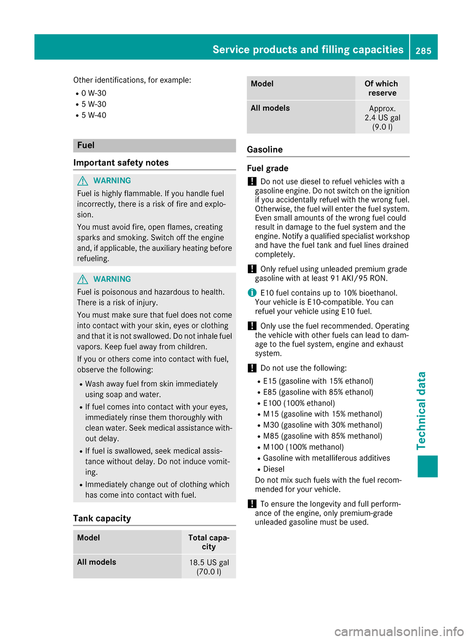 MERCEDES-BENZ SLC-Class 2017 R172 Owners Manual Other identifications, for example:
R0W-30
R5W-30
R5W-40
Fuel
Important safety notes
GWARNING
Fuel is highly flammable. If you handle fuel
incorrectly, there is arisk of fire and explo-
sion.
You must