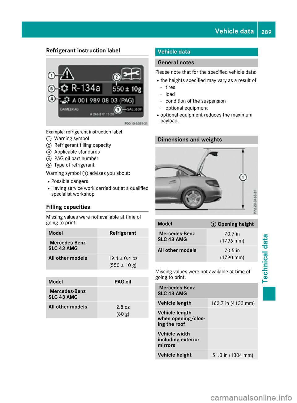 MERCEDES-BENZ SLC-Class 2017 R172 Owners Manual Refrigerant instructionlabel
Example:refrigerant instruction label
:
Warning symbol
;Refrigerant filling capacity
=Applicabl estandards
?PAG oilp artn umber
AType of refrigerant
Warning symbol :advise