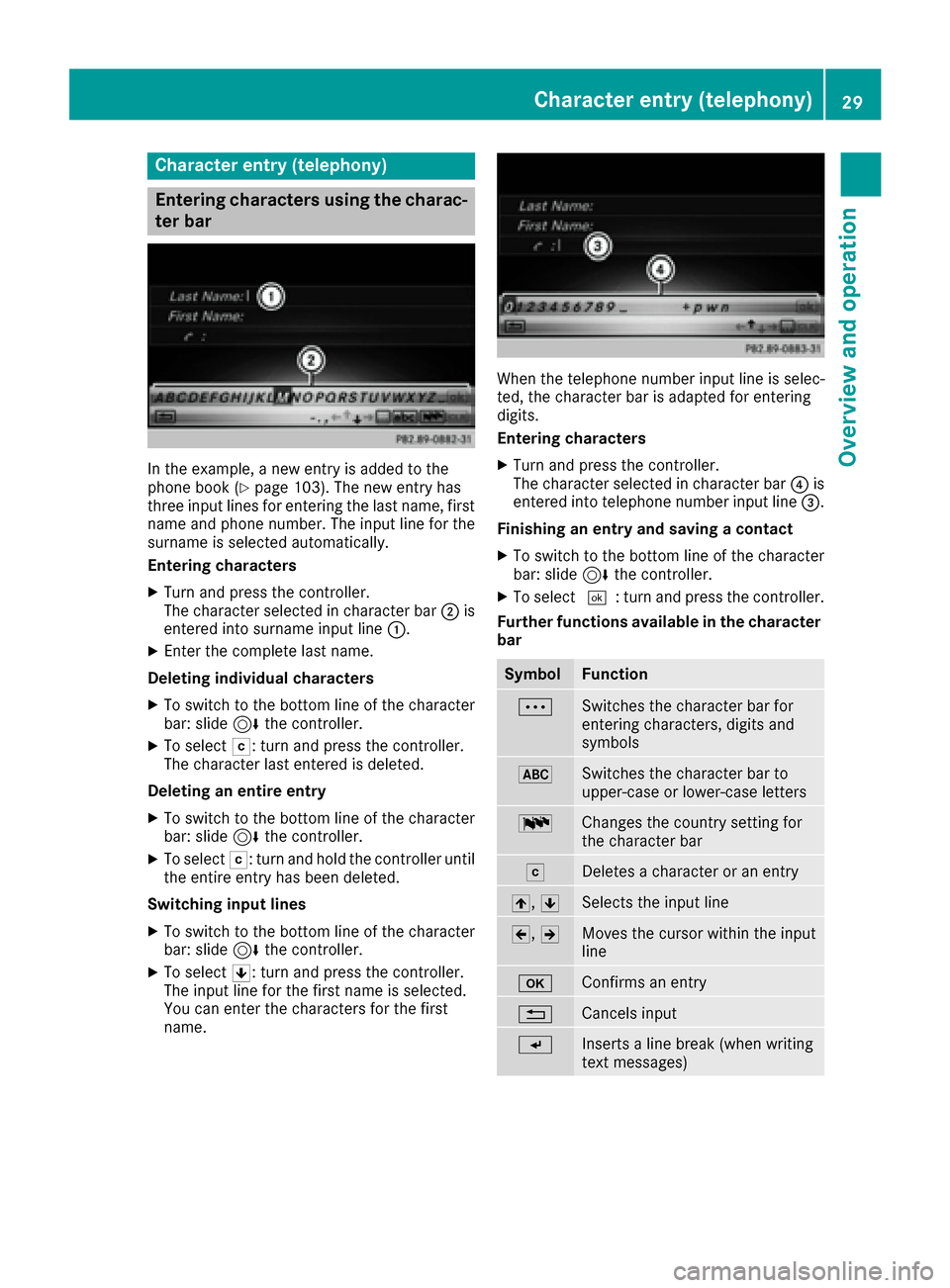 MERCEDES-BENZ SLC-Class 2017 R172 Comand Manual Character entry (telephony)
Entering characters using the charac-
ter bar
In the example, a new entry is added to the
phone book (Ypage 103). The new entry has
three input lines for entering the last 