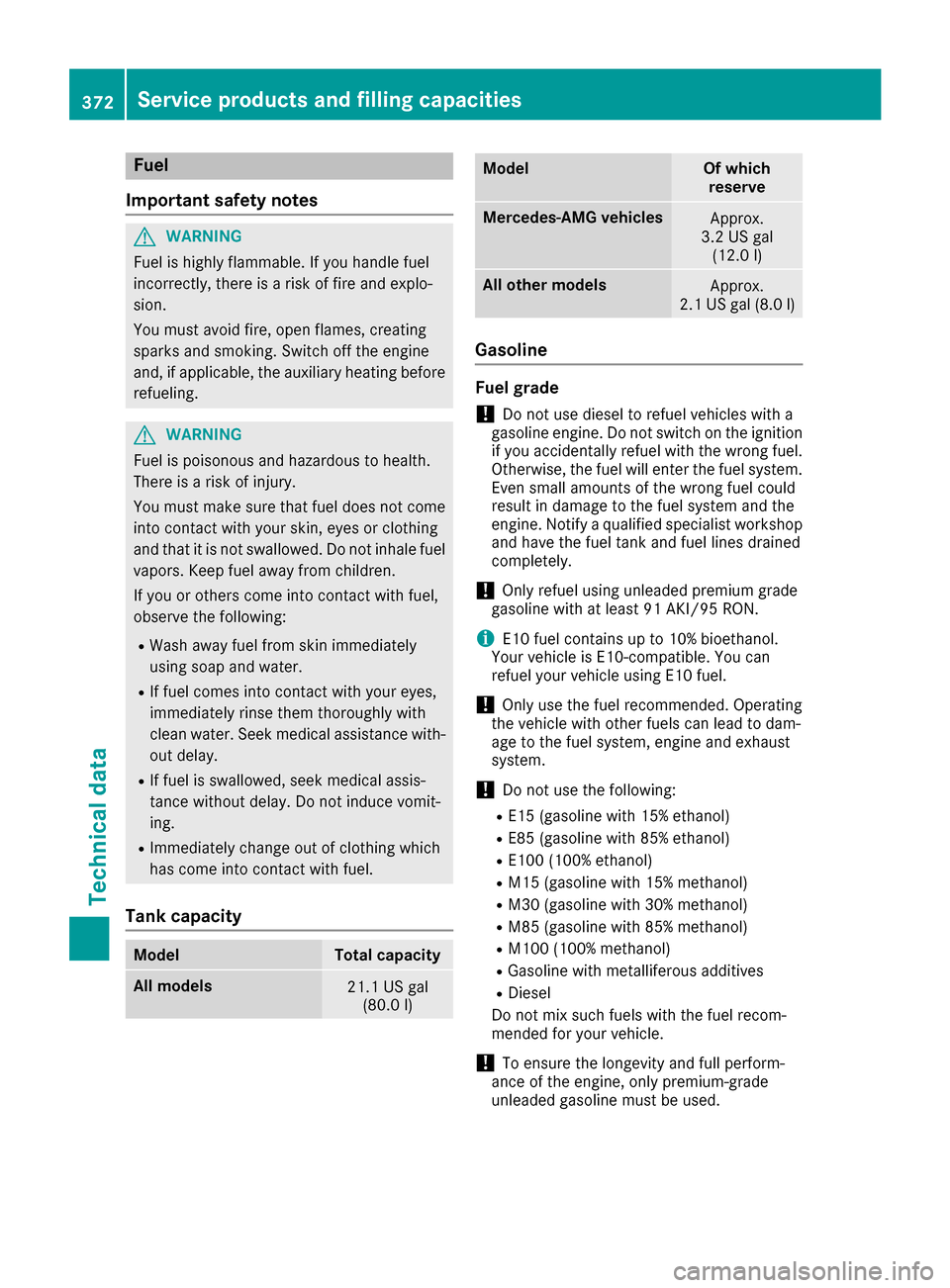 MERCEDES-BENZ S-Class MAYBACH 2017 W222 Owners Manual Fuel
Important safety notes
GWARNIN G
Fuel is highly flammable. If you handle fuel
incorrectly, there is aris kof fir eand explo-
sion .
You must avoi dfire, open flames, creating
sparks and smoking. 