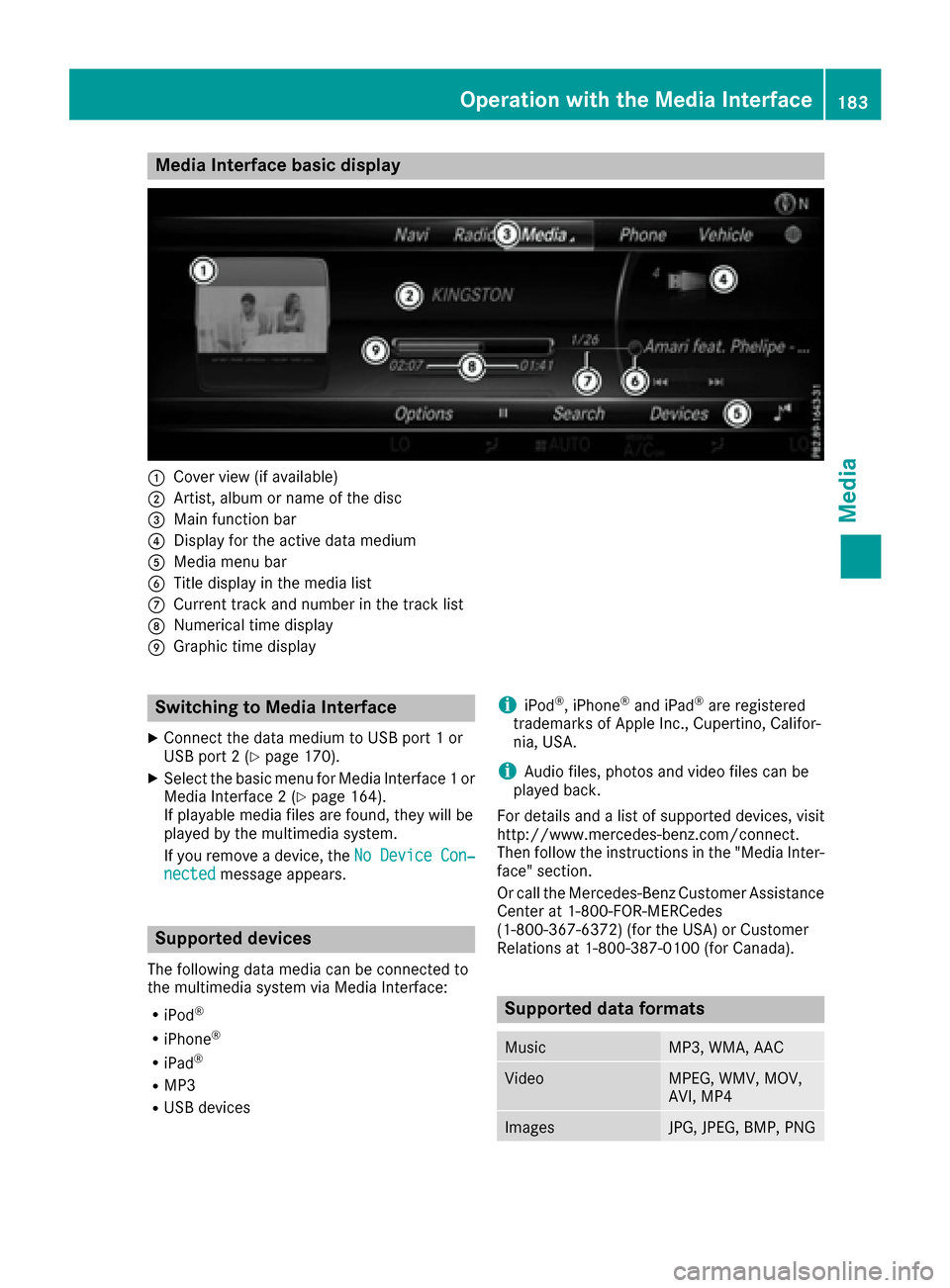 MERCEDES-BENZ S-Class MAYBACH 2017 W222 Comand Manual Media Interface basic display
:Cover view (if available)
;Artist, album or name of the disc
=Main function bar
?Display for the active data medium
AMedia menu bar
BTitle display in the media list
CCur