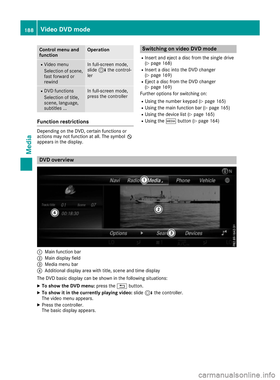 MERCEDES-BENZ S-Class MAYBACH 2017 W222 Comand Manual Control menu and
functionOperation
RVideo menu
Selection of scene,
fast forward or
rewindIn full-screen mode,
slide6the control-
ler
RDVD functions
Selection of title,
scene, language,
subtitles ...In MERCEDES-BENZ S-Class MAYBACH 2017 W222 Comand Manual Control menu and
functionOperation
RVideo menu
Selection of scene,
fast forward or
rewindIn full-screen mode,
slide6the control-
ler
RDVD functions
Selection of title,
scene, language,
subtitles ...In