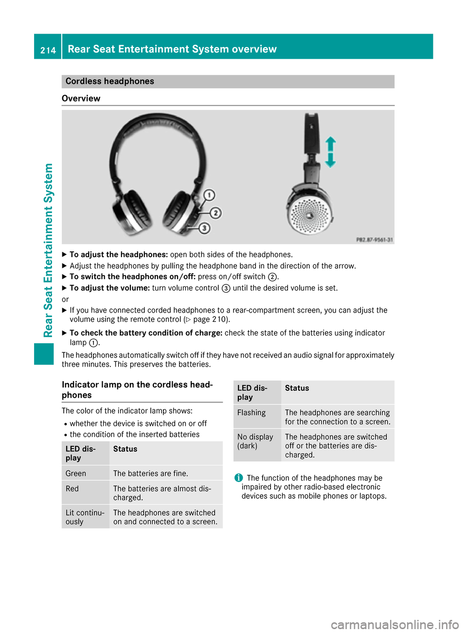 MERCEDES-BENZ S-Class MAYBACH 2017 W222 Comand Manual Cordless headphones
Overview
XTo adjust the headphones: open both sides of the headphones.
XAdjust the headphones by pulling the headphone band in the direction of the arrow.
XTo switch the headphones MERCEDES-BENZ S-Class MAYBACH 2017 W222 Comand Manual Cordless headphones
Overview
XTo adjust the headphones: open both sides of the headphones.
XAdjust the headphones by pulling the headphone band in the direction of the arrow.
XTo switch the headphones
