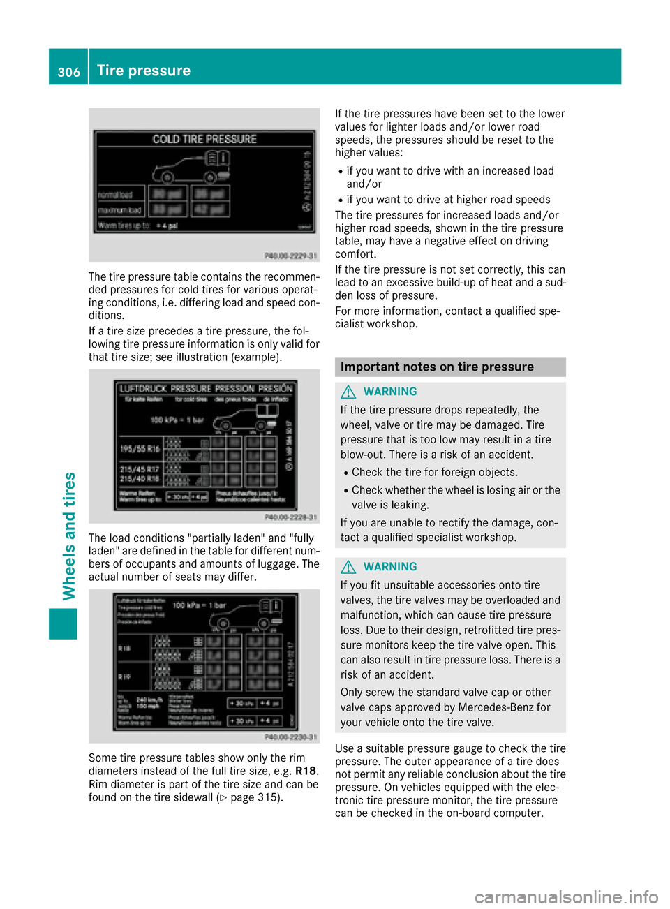 MERCEDES-BENZ S-Class CABRIOLET 2017 A217 Owners Manual The tire pressure table contains the recommen-
ded pressures for cold tires for various operat-
ing conditions, i.e. differing load and speed con-
ditions.
If a tire size precedes a tire pressure, the MERCEDES-BENZ S-Class CABRIOLET 2017 A217 Owners Manual The tire pressure table contains the recommen-
ded pressures for cold tires for various operat-
ing conditions, i.e. differing load and speed con-
ditions.
If a tire size precedes a tire pressure, the