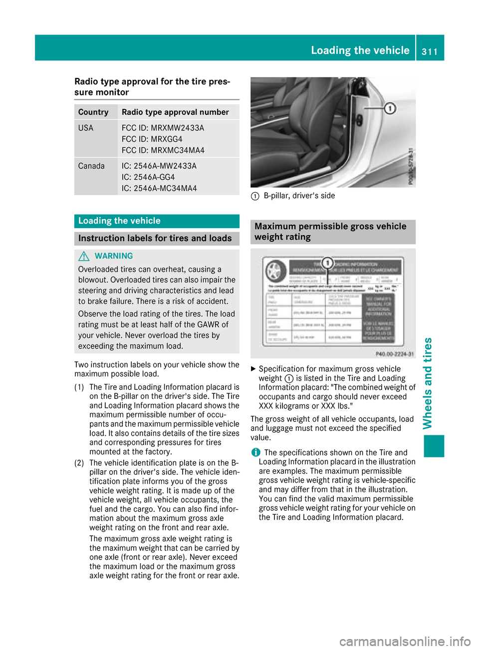 MERCEDES-BENZ S-Class CABRIOLET 2017 A217 Owners Manual Radio type approval for the tire pres-
sure monitor
CountryRadio type approval number
USAFCC ID: MRXMW2433A
FCC ID: MRXGG4
FCC ID: MRXMC34MA4
CanadaIC: 2546A-MW2433A
IC: 2546A-GG4
IC: 2546A-MC34MA4
Lo MERCEDES-BENZ S-Class CABRIOLET 2017 A217 Owners Manual Radio type approval for the tire pres-
sure monitor
CountryRadio type approval number
USAFCC ID: MRXMW2433A
FCC ID: MRXGG4
FCC ID: MRXMC34MA4
CanadaIC: 2546A-MW2433A
IC: 2546A-GG4
IC: 2546A-MC34MA4
Lo