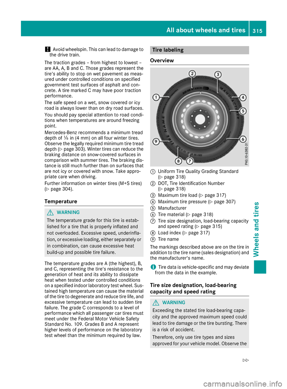 MERCEDES-BENZ S-Class CABRIOLET 2017 A217 Owners Manual !Avoid wheelspin. This can lead to damage to
the drive train.
The traction grades – from highest to lowest –
are AA, A, B and C. Those grades represent the
tires ability to stop on wet pavement a MERCEDES-BENZ S-Class CABRIOLET 2017 A217 Owners Manual !Avoid wheelspin. This can lead to damage to
the drive train.
The traction grades – from highest to lowest –
are AA, A, B and C. Those grades represent the
tires ability to stop on wet pavement a