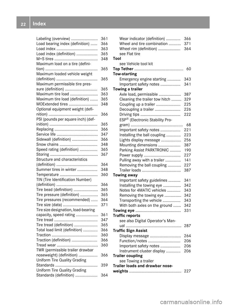 MERCEDES-BENZ GLS-Class SUV 2017 X166 Owners Manual Labeling (overview) ........................ 361
Load bearing index (definition) ...... 366
Load index .....................................363
Load index (definition) ................... 365
M+S tire