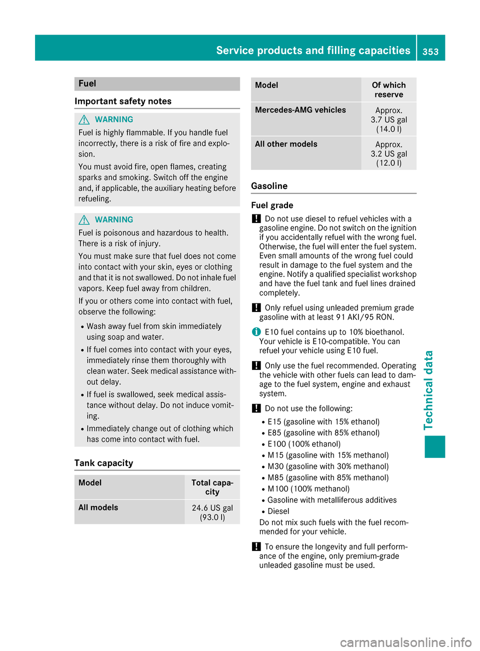 MERCEDES-BENZ GLE43AMG SUV 2017 C292 Owners Manual Fuel
Important safety notes
GWARNIN G
Fuel is highly flammable .If you handle fuel
incorrectly, there is aris kof fir eand explo-
sion .
You must avoi dfire, open flames, creating
sparks and smoking. 