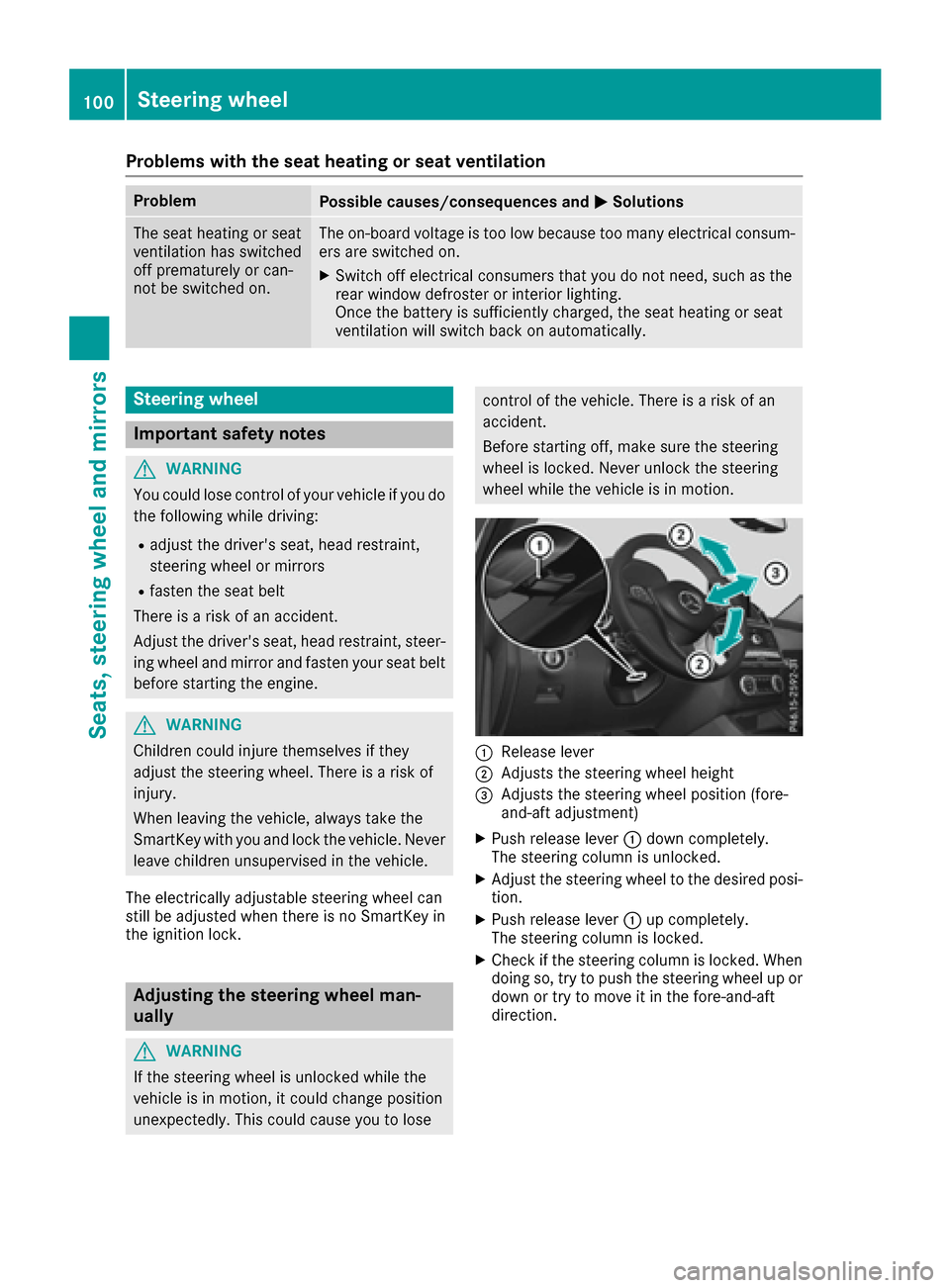 MERCEDES-BENZ GLE SUV 2017 W166 Owners Manual Problems with the seat heating or seat ventilation
ProblemPossible causes/consequences andMSolutions
The seat heating or seat
ventilation has switched
off prematurely or can-
not be switched on.The on