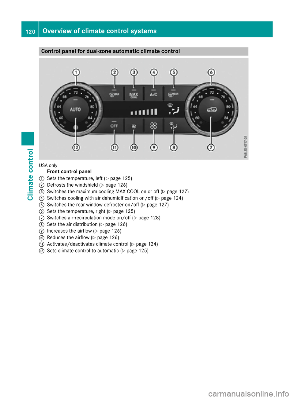 MERCEDES-BENZ GLE SUV 2017 W166 Owners Manual Control panel for dual-zone automatic climate control
USAonly
Front control panel
:Sets the temperature, left (Ypage 125)
;Defrosts the windshield (Ypage 126)
=Switches the maximum cooling MAX COOL on