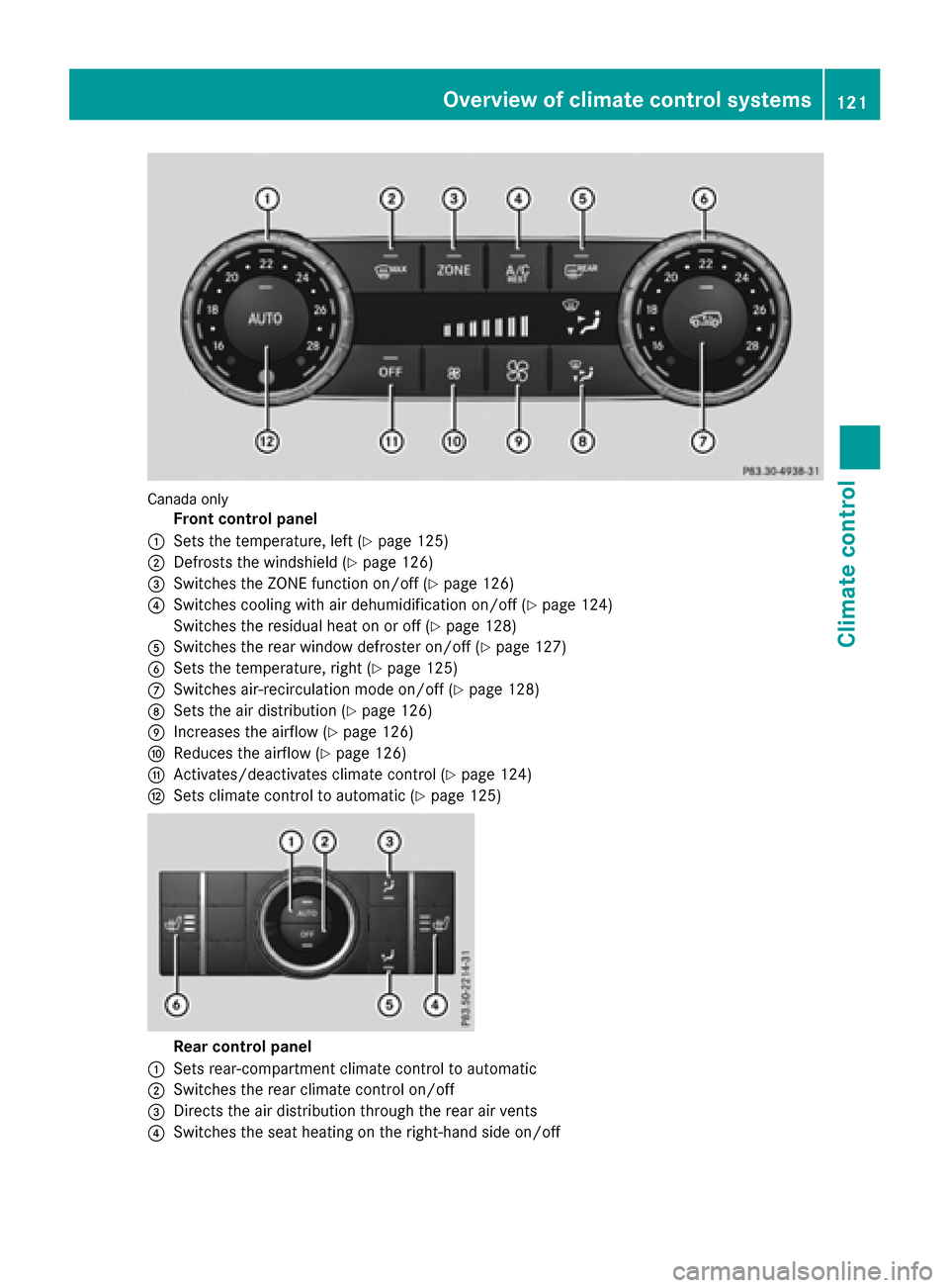 MERCEDES-BENZ GLE SUV 2017 W166 Owners Manual Canada only
Front control panel
:Sets the temperature, left (Ypage 125)
;Defrosts the windshield (Ypage 126)
=Switches the ZONE function on/off (Ypage 126)
?Switches cooling with air dehumidification 