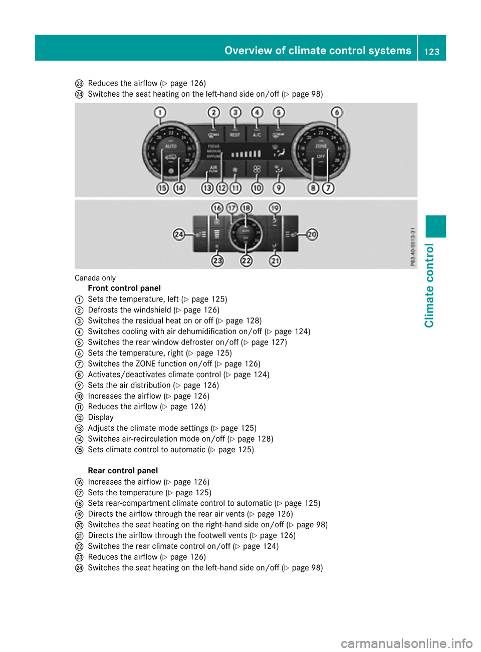 MERCEDES-BENZ GLE SUV 2017 W166 Owners Manual SReduces theairflow (Ypage 126)
TSwitches th eseat heating on th eleft-han dside on/off (Ypage 98)
Canadaonly
Front control panel
:Sets th etemperature, lef t (Ypage 125)
;Defroststh ewindshield (Ypag