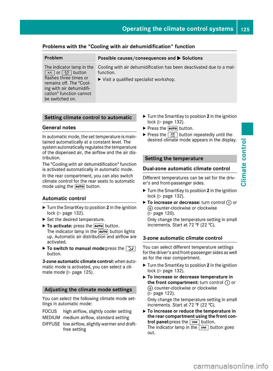 MERCEDES-BENZ GLE SUV 2017 W166 Owners Manual Problems with the "Cooling with air dehumidification" function
ProblemPossible causes/consequences andMSolutions
The indicator lamp in the
¿orÁ button
flashes three times or
remains off. The "Cool-
MERCEDES-BENZ GLE SUV 2017 W166 Owners Manual Problems with the "Cooling with air dehumidification" function
ProblemPossible causes/consequences andMSolutions
The indicator lamp in the
¿orÁ button
flashes three times or
remains off. The "Cool-