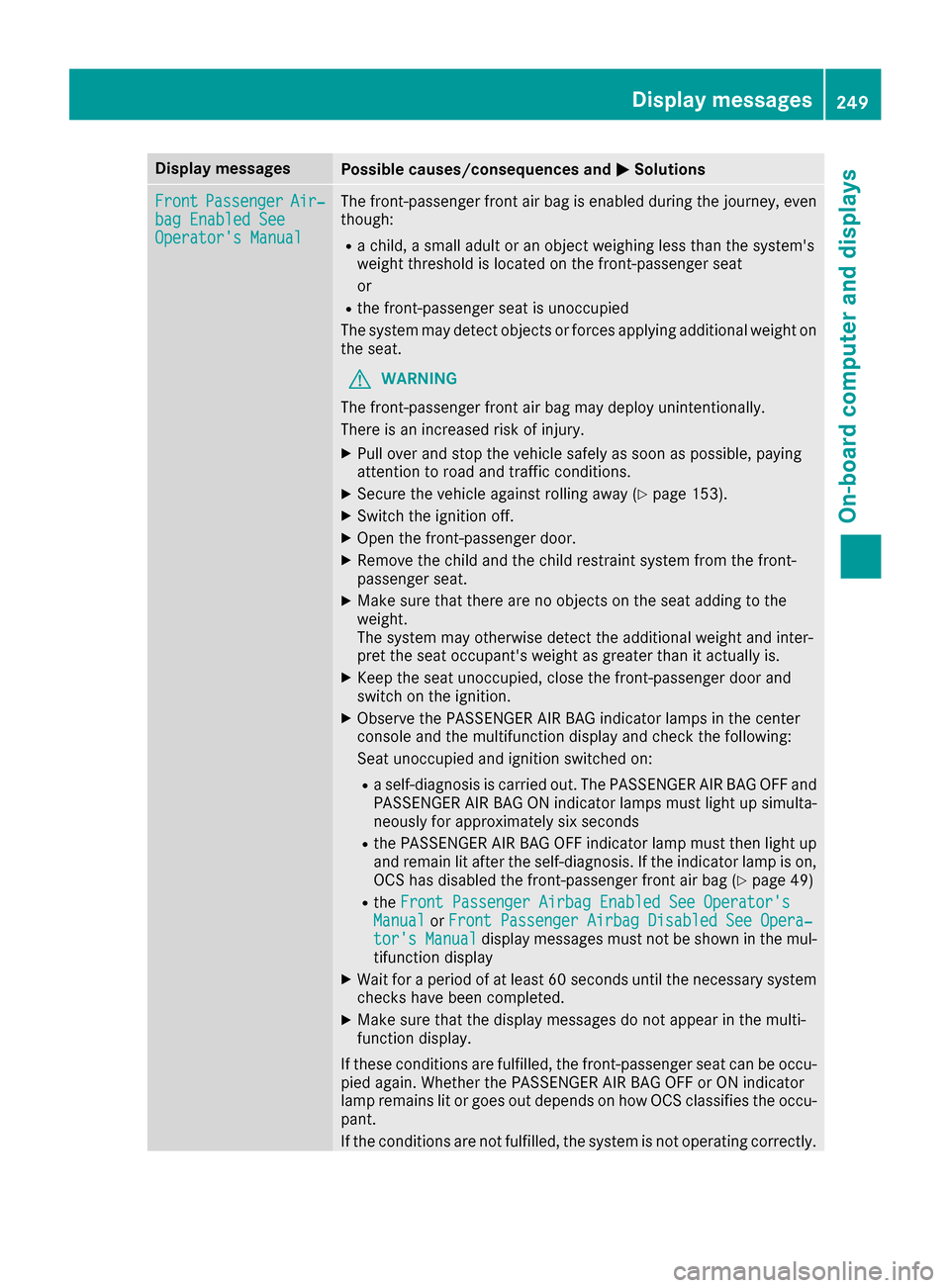 MERCEDES-BENZ GLE SUV 2017 W166 Owners Manual Display messagesPossible causes/consequences andMSolutions
FrontPassengerAir‐bag Enable dSeeOperator sManual
The front-passenger fron tair bag is enabled during th ejourney, eve n
though :
Rachild, MERCEDES-BENZ GLE SUV 2017 W166 Owners Manual Display messagesPossible causes/consequences andMSolutions
FrontPassengerAir‐bag Enable dSeeOperator sManual
The front-passenger fron tair bag is enabled during th ejourney, eve n
though :
Rachild,