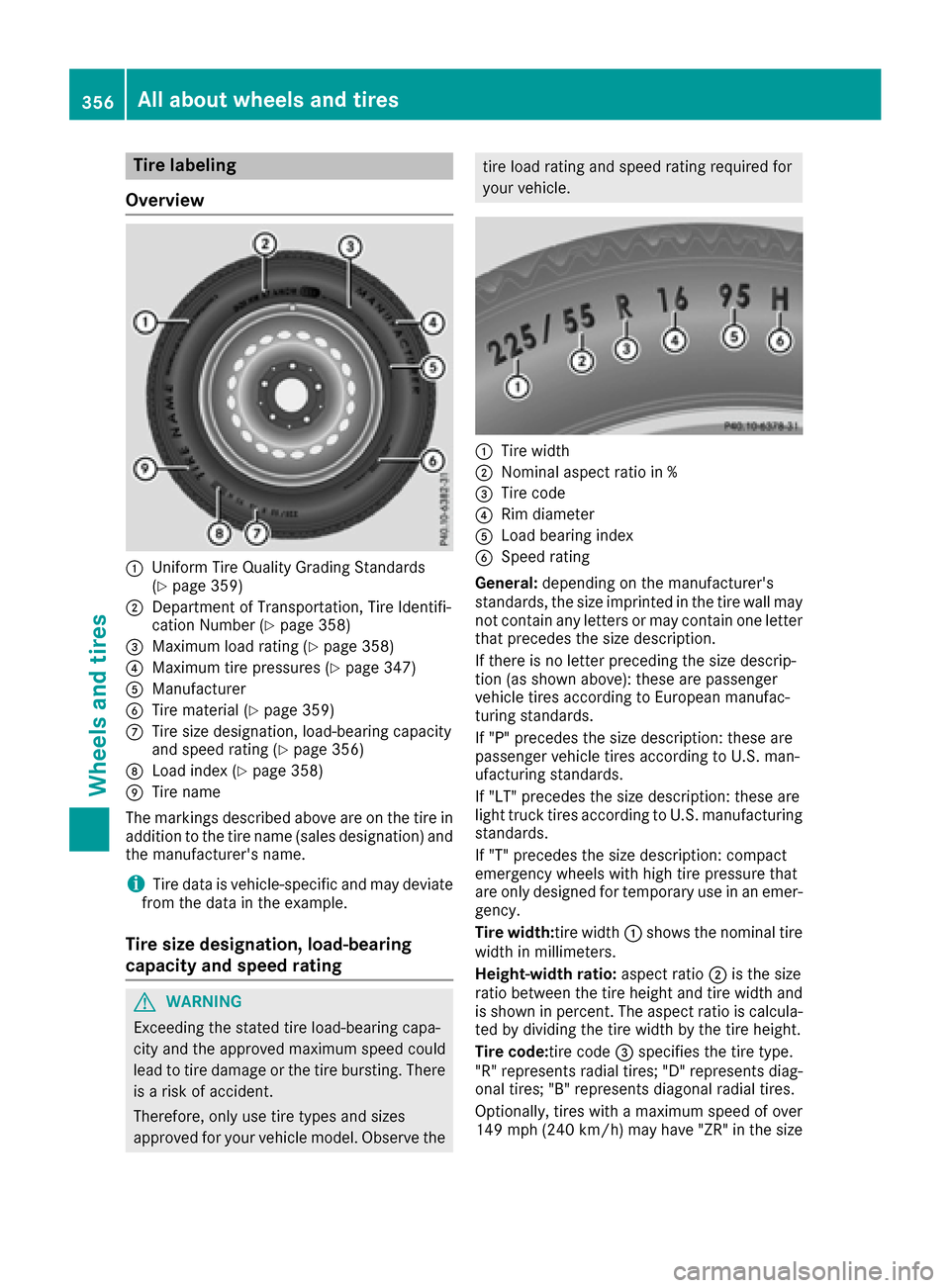 MERCEDES-BENZ GLE SUV 2017 W166 Owners Manual Tire labeling
Overview
:Uniform Tire Quality Grading Standards
(Ypage 359)
;Department of Transportation, Tire Identifi-
cation Number (Ypage 358)
=Maximum load rating (Ypage 358)
?Maximum tire pressu